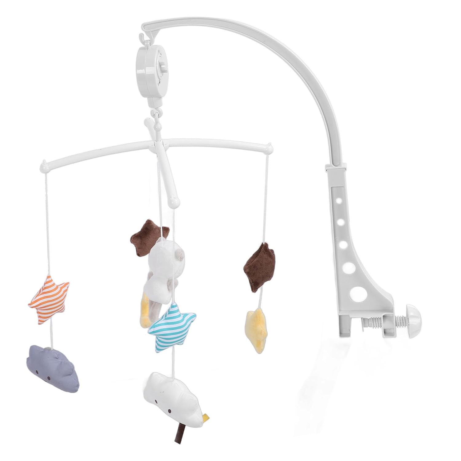 Ein weißes Baby-Mobile mit Stofftieren wie Sternen und Wolken.
