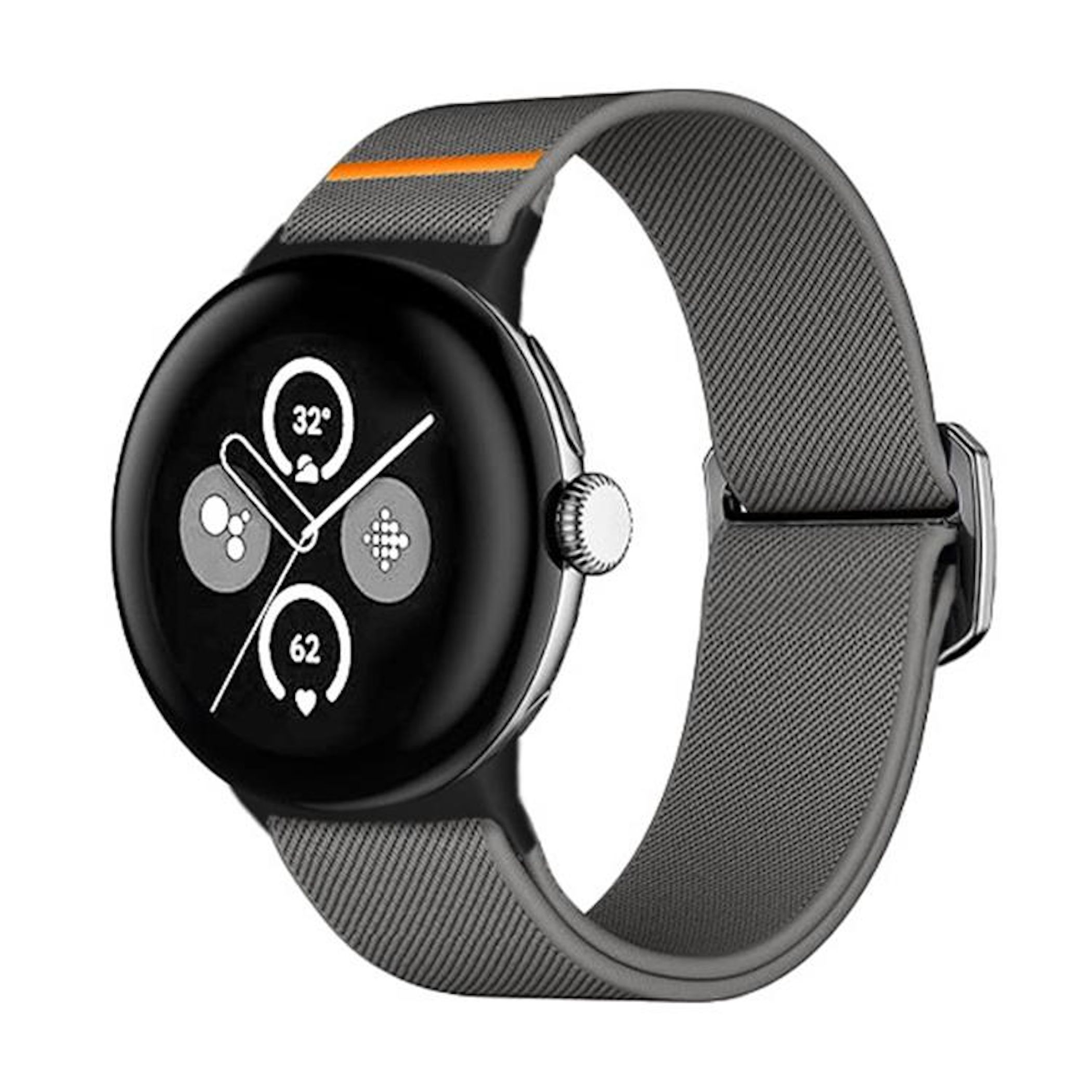 Eine graue Smartwatch mit schwarzem Zifferblatt und orangefarbenem Akzent.