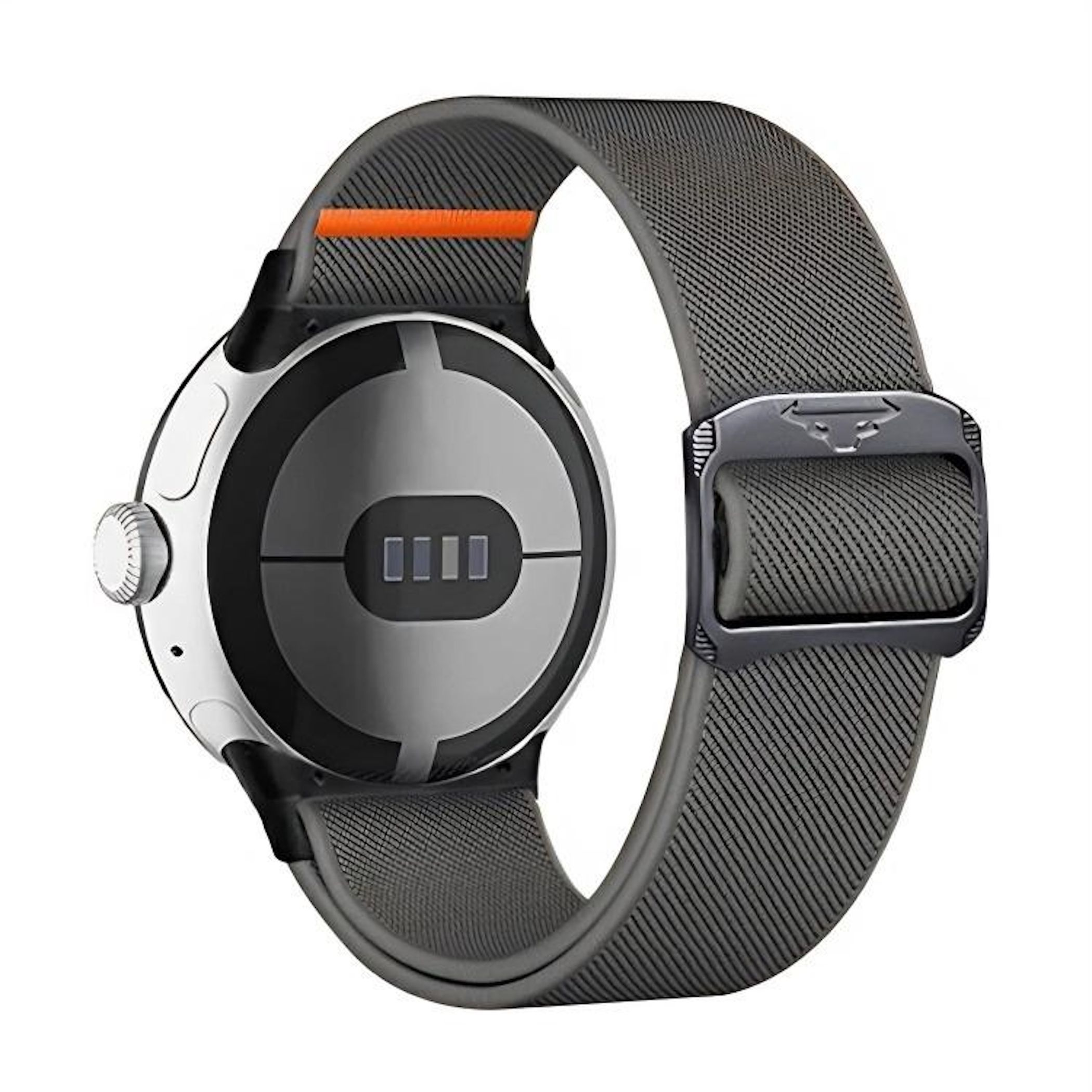 Rückseite einer grauen Smartwatch mit silbernem Gehäuse und orangefarbenen Akzenten.