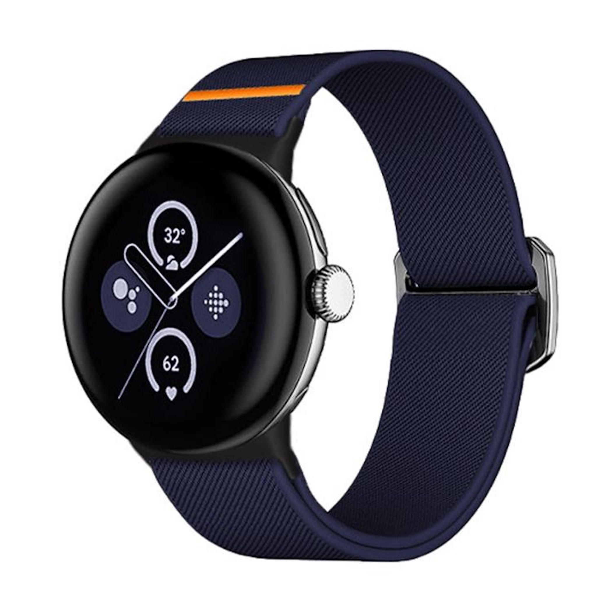 Eine Smartwatch mit blauem Armband und orangefarbenem Akzent auf dem Zifferblatt.