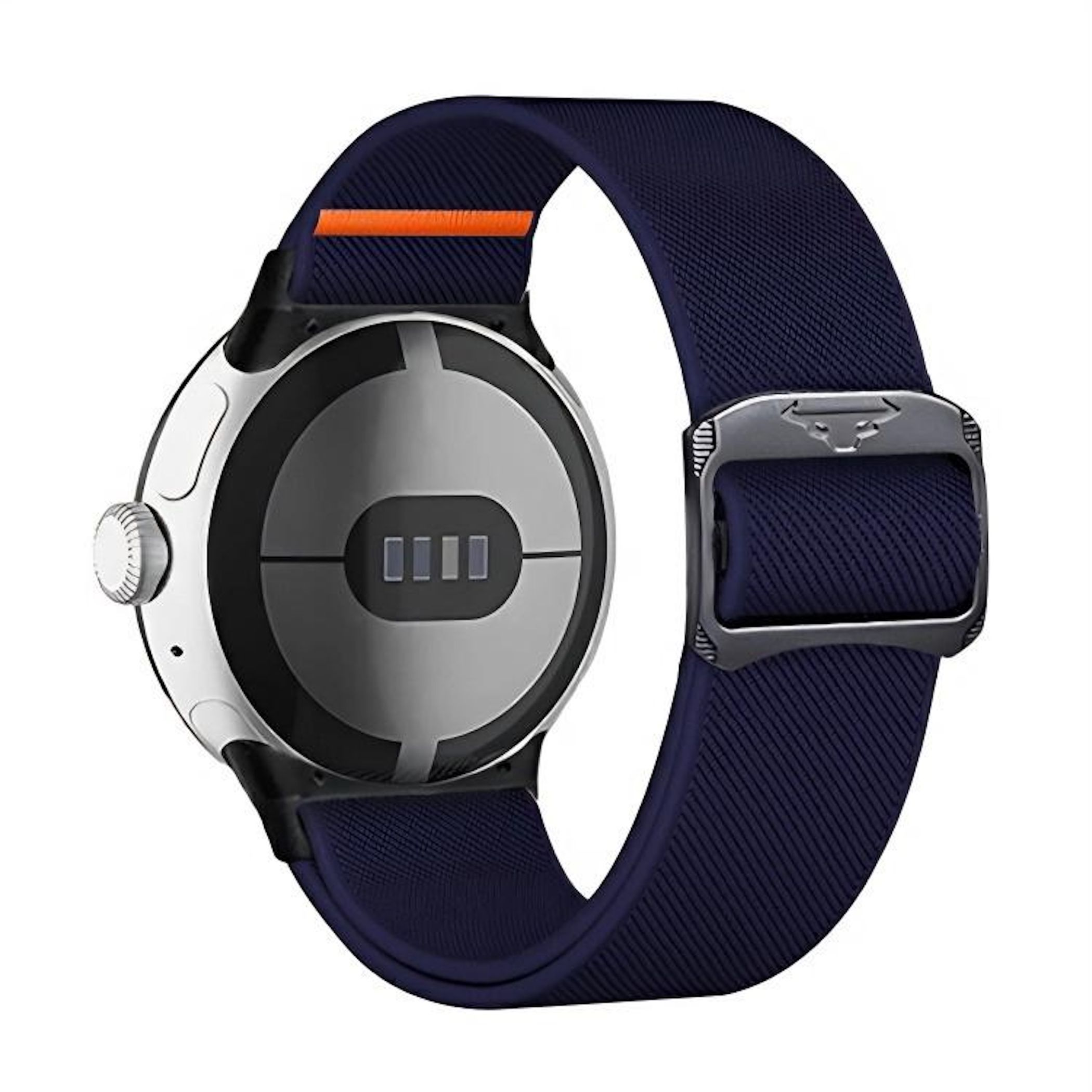 Eine Nahaufnahme einer Smartwatch mit dunkelblauem Band und orangefarbenem Akzent.