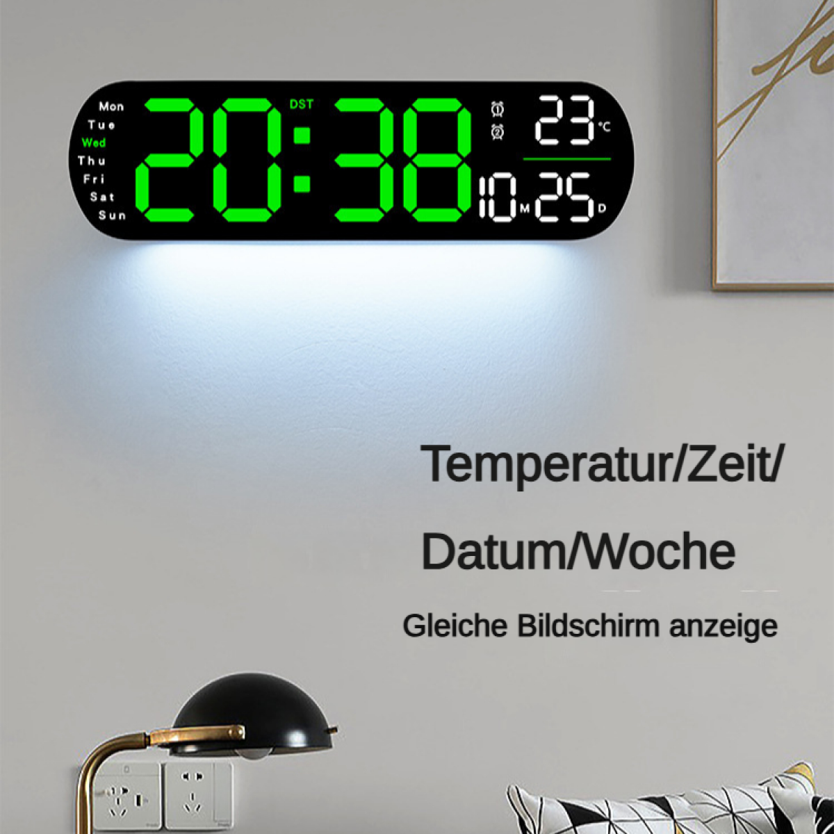 Digitale Uhr zeigt 20:38, 23°C und 10:25. Tage der Woche links.
