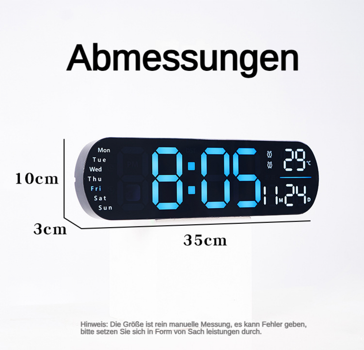Digitale Uhr zeigt 8:05 Uhr, 29°C und Datum 11.24. Maße: 35x10x3cm.