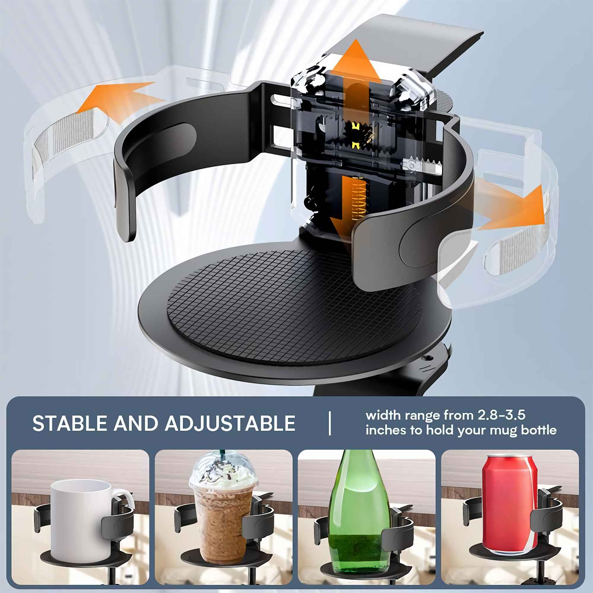 Getränkehalter mit Mechanismus, der einen Becher, einen Frappuccino, eine Flasche und eine Dose hält.