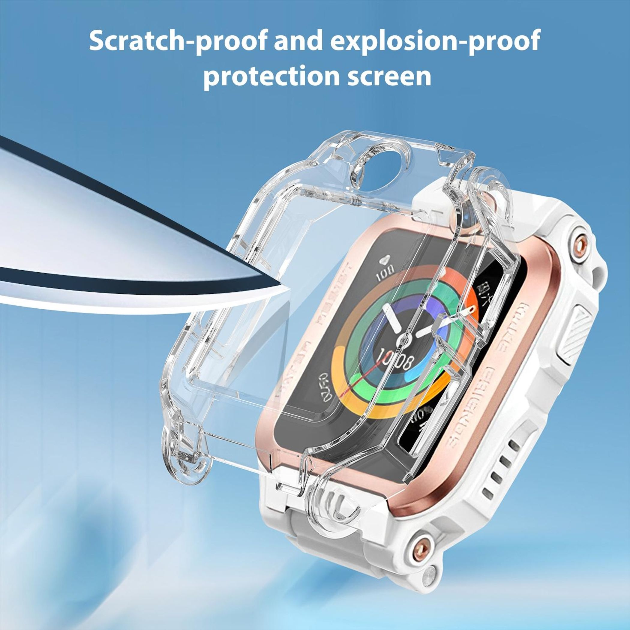 Eine durchsichtige Schutzhülle schützt eine Smartwatch mit weißem und roségoldenem Gehäuse.