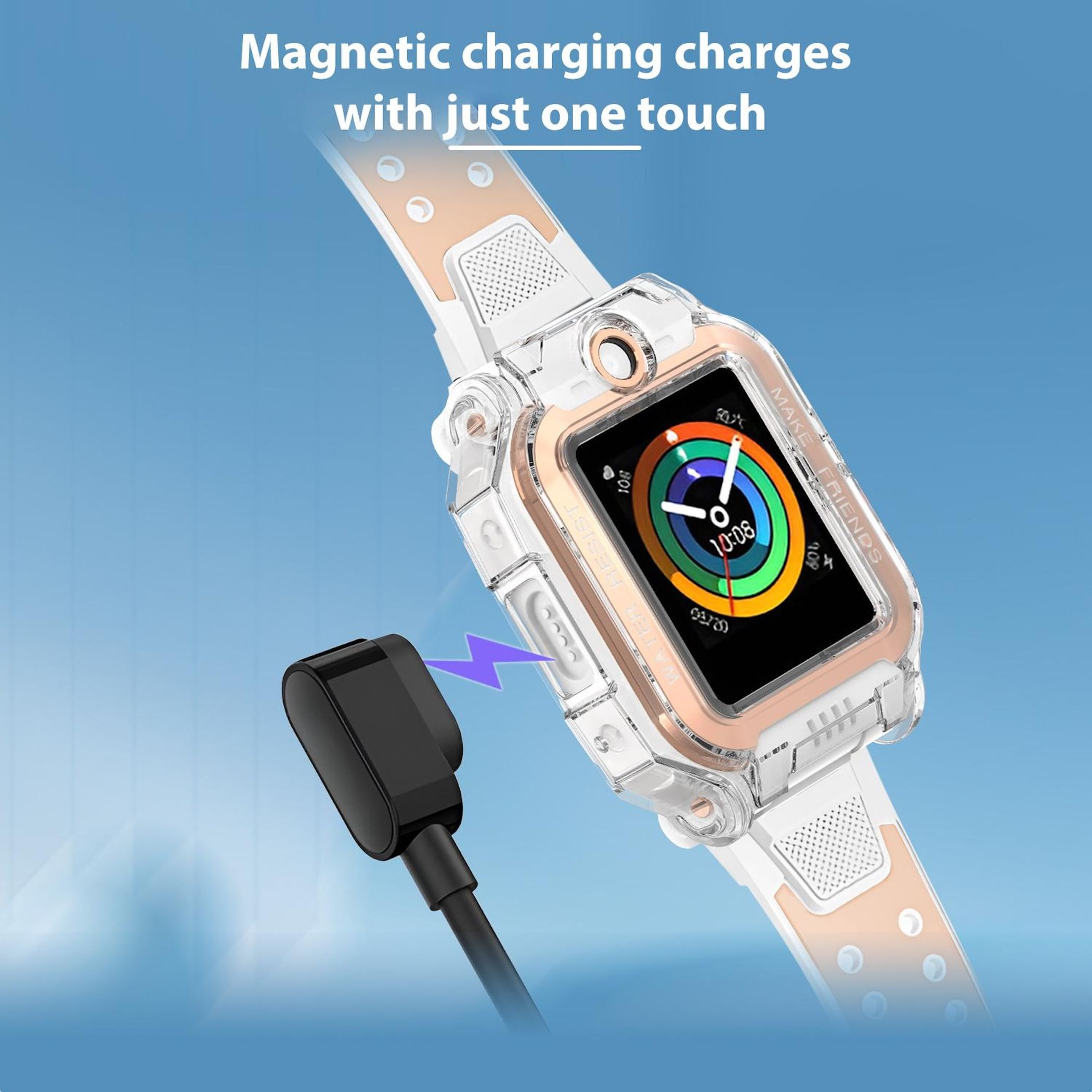 Eine Smartwatch mit weißem Armband wird magnetisch geladen.