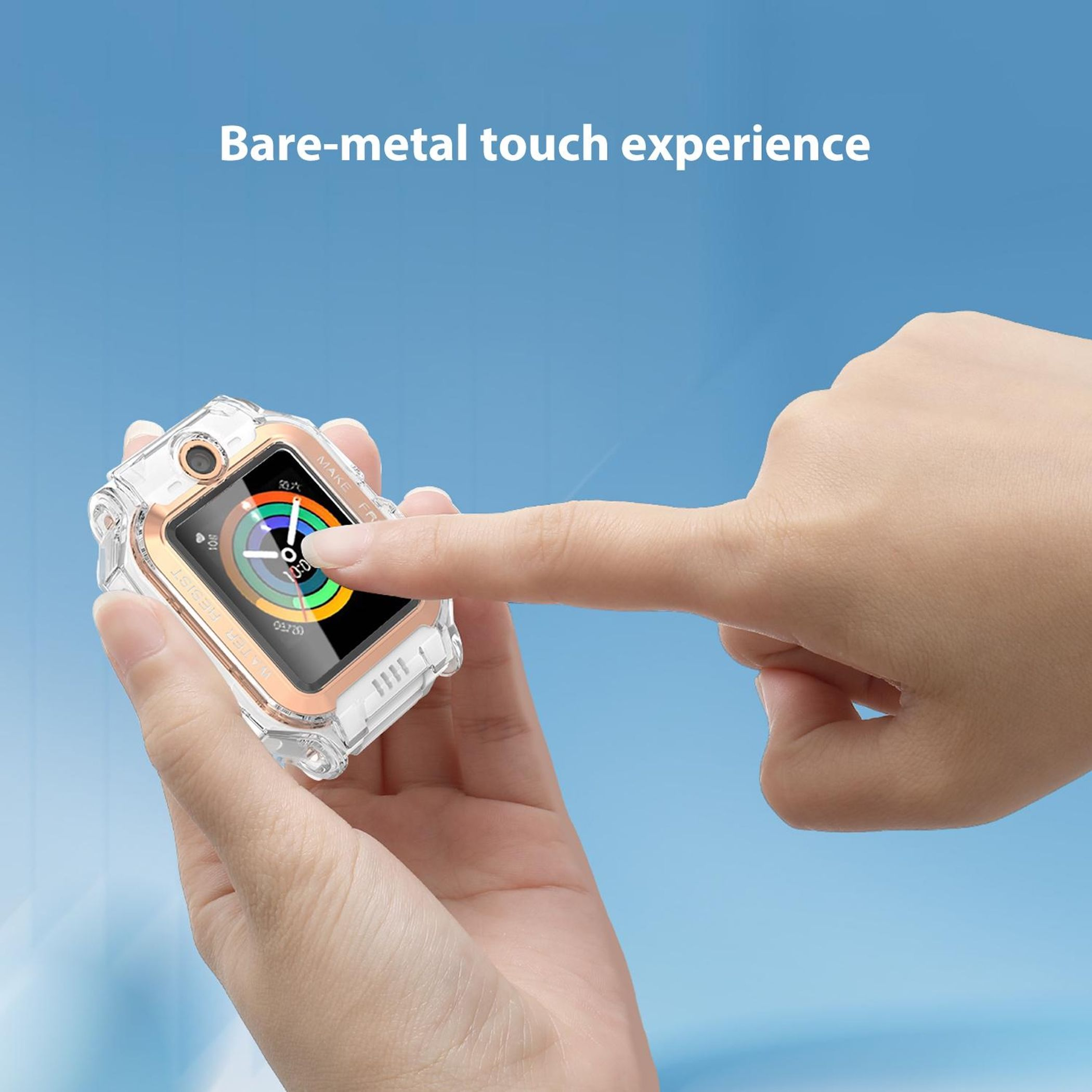 Eine Hand berührt einen hellrosa Smartwatch-Bildschirm mit einem bunten Zifferblatt.