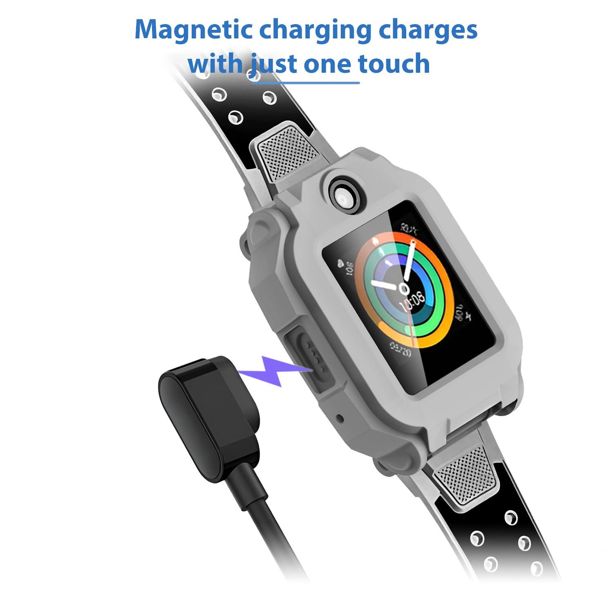 Smartwatch grigia con cinturino nero in carica magnetica.