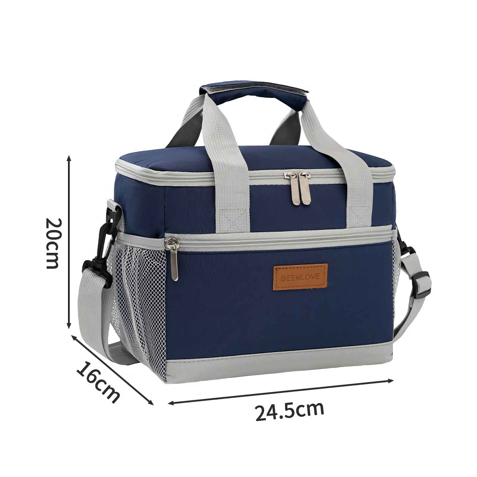 Dunkelblaue Kühltasche mit grauen Griffen und Trägern, Maße 24,5x16x20cm.