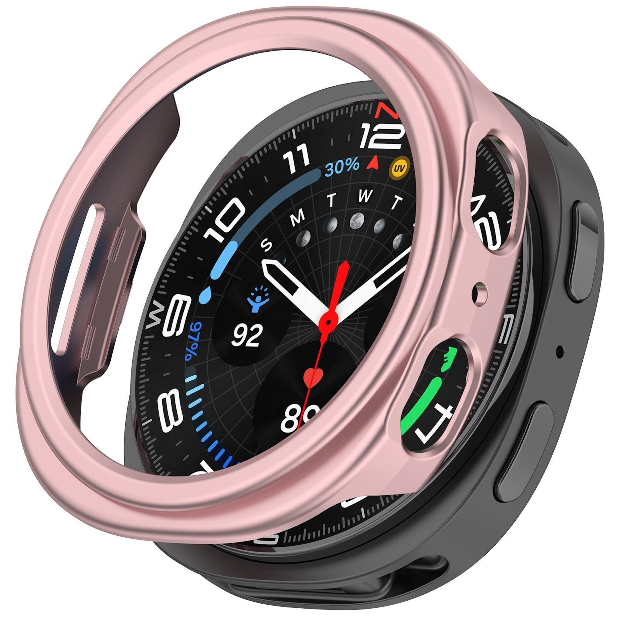 Una custodia protettiva oro rosa copre uno smartwatch con quadrante nero.