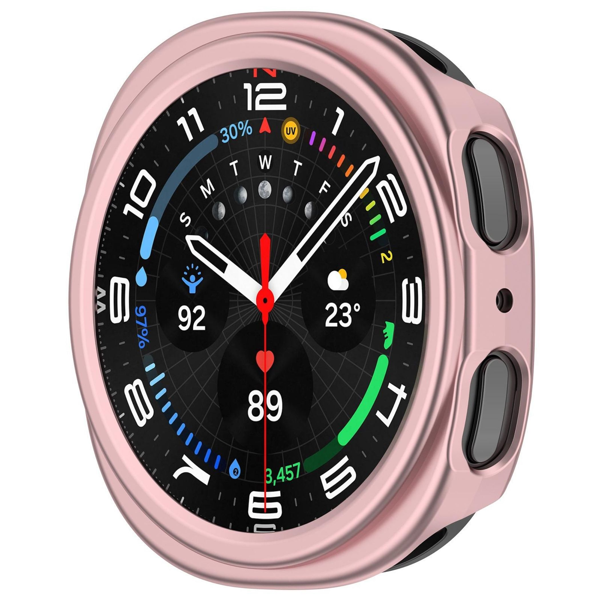 Uno smartwatch color oro rosa con quadrante nero che mostra meteo, battito cardiaco e altro.