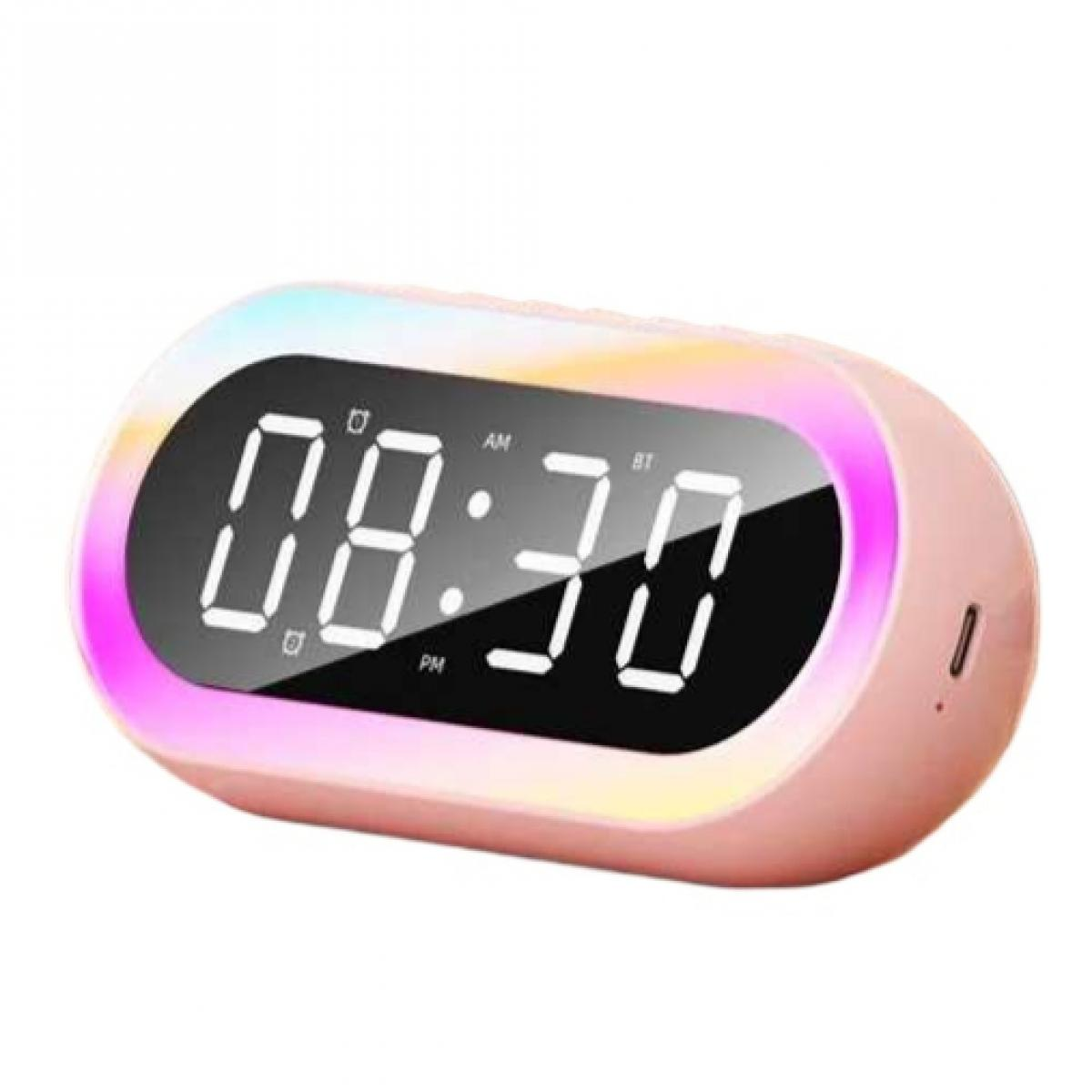Ein rosafarbener Digitalwecker mit LED-Beleuchtung zeigt 08:30 an.