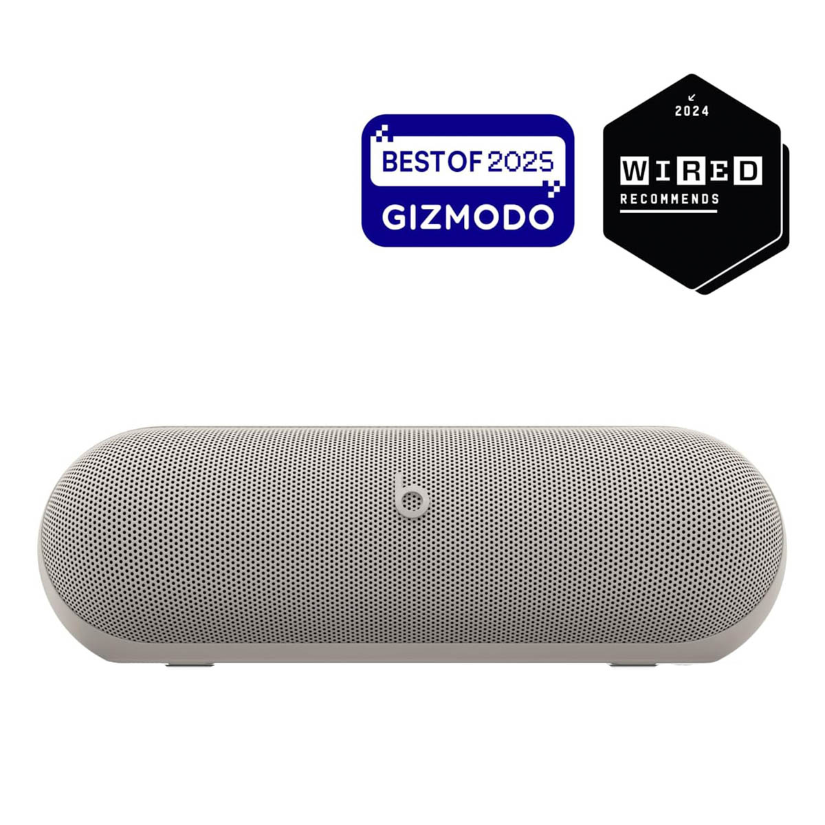 Een beige luidspreker met Gizmodo en Wired zegels.