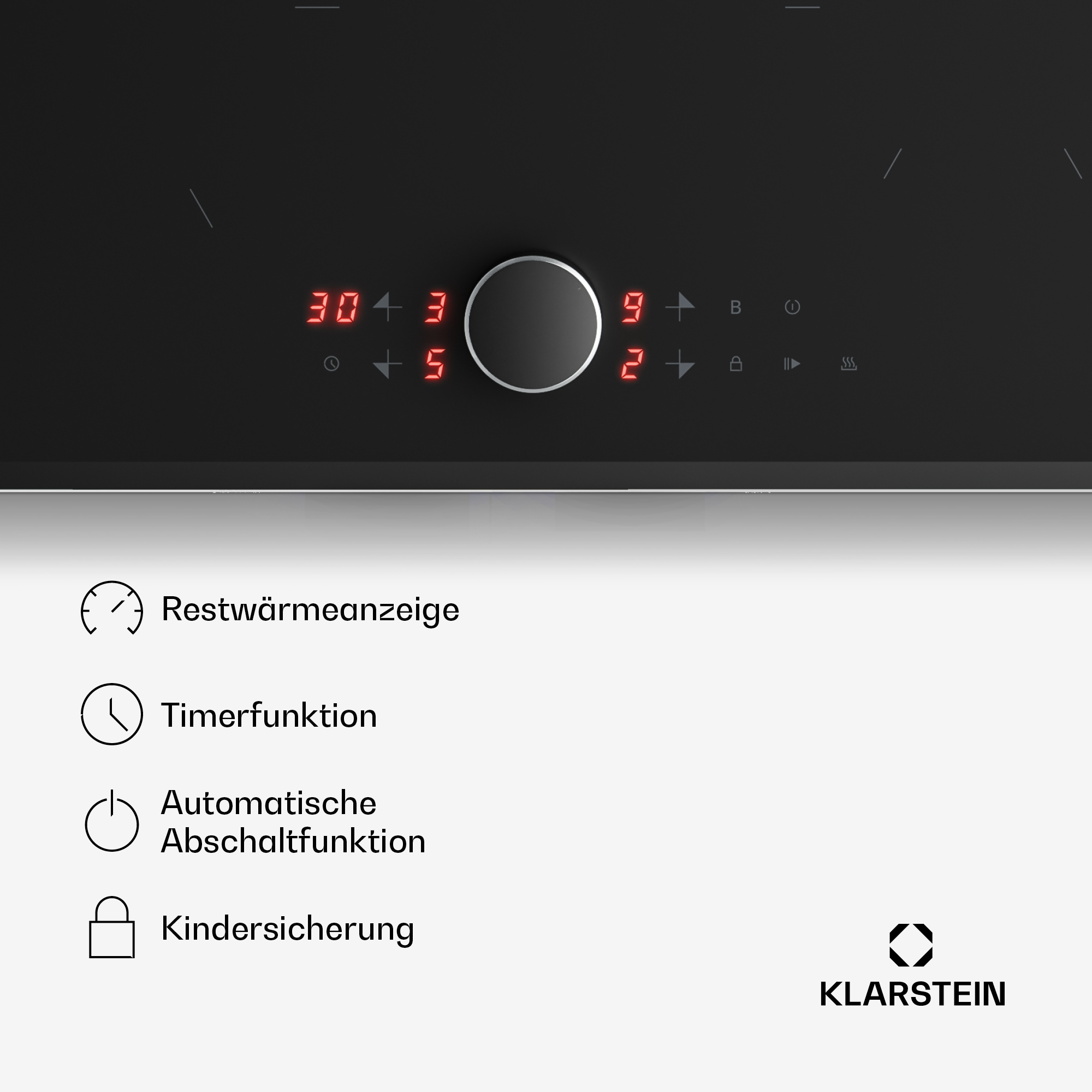 Induktionskochfeld mit digitaler Anzeige und Bedienelementen.