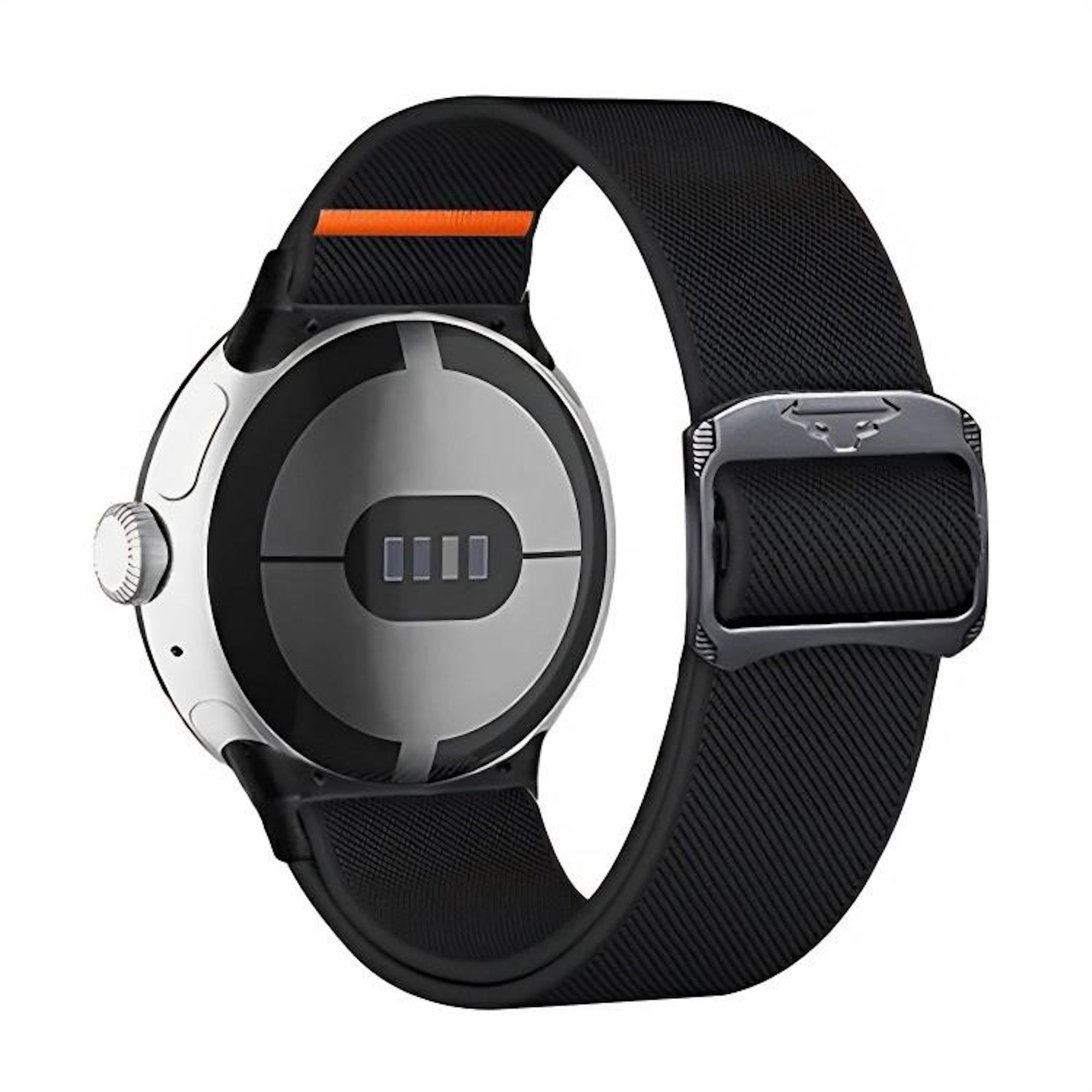 Rückseite einer Smartwatch mit schwarzem Band, silbernem Gehäuse und orangefarbenen Akzenten.