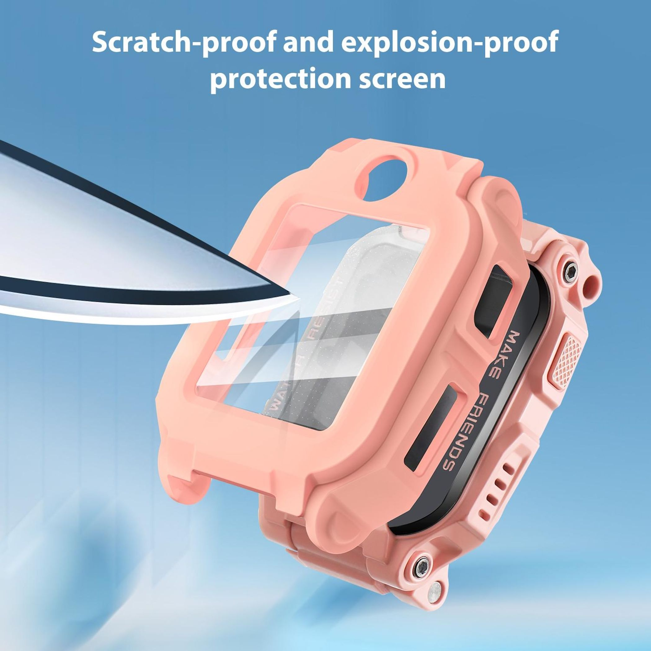 Una custodia rosa per smartwatch con schermo trasparente e testo.