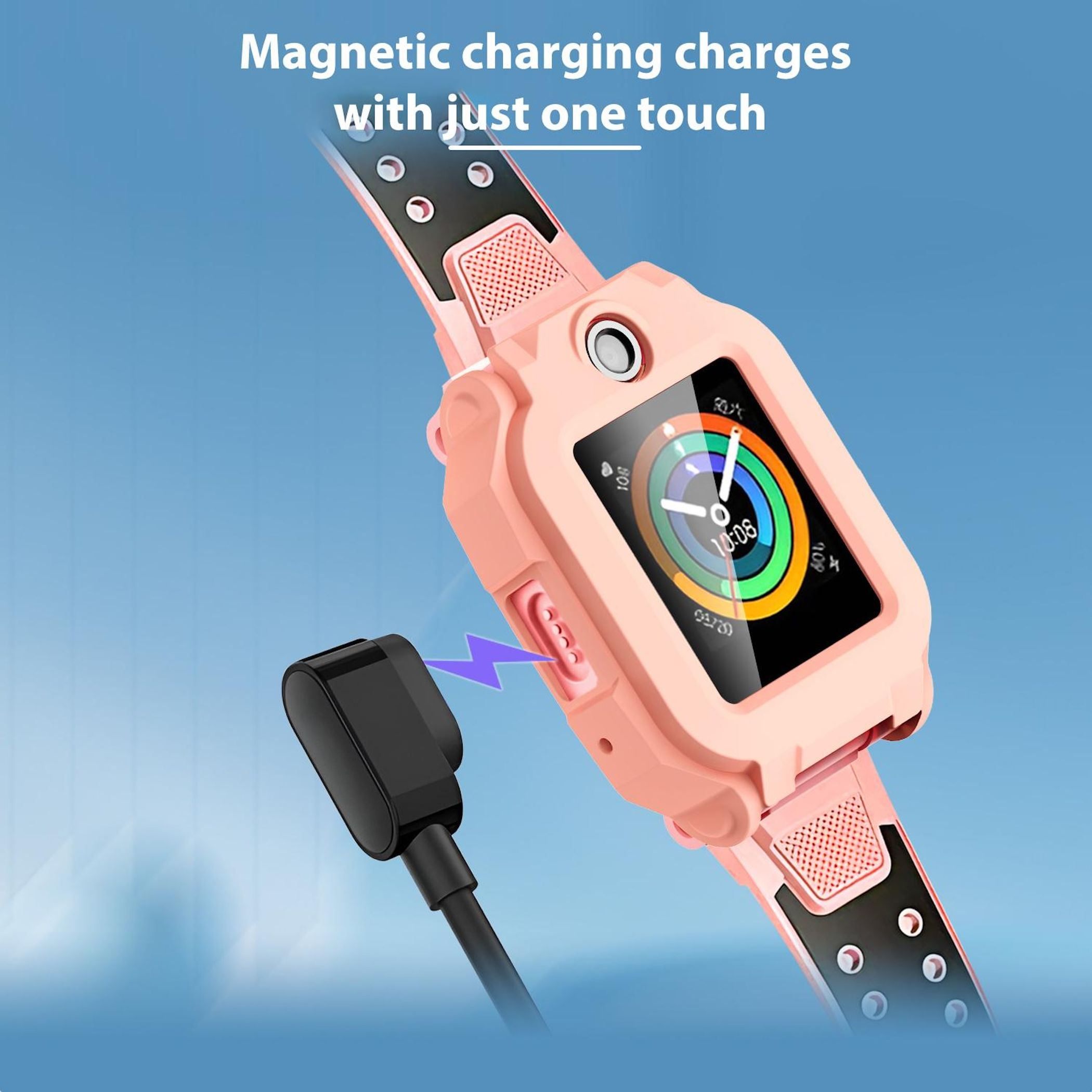 Uno smartwatch rosa con cavo di ricarica nero che si collega magneticamente.