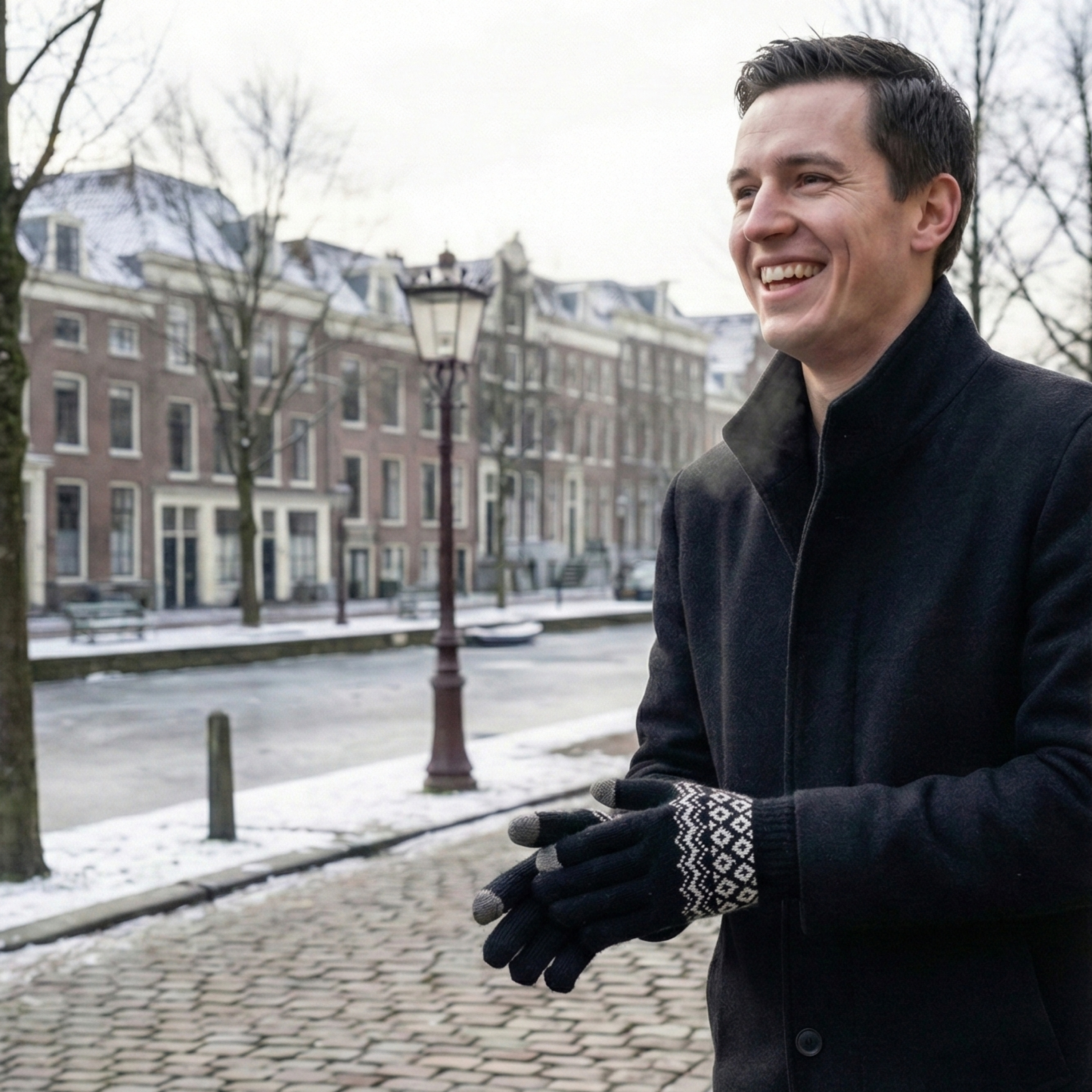 Man in a black coat and gloves laughs in front of snow-covered houses.