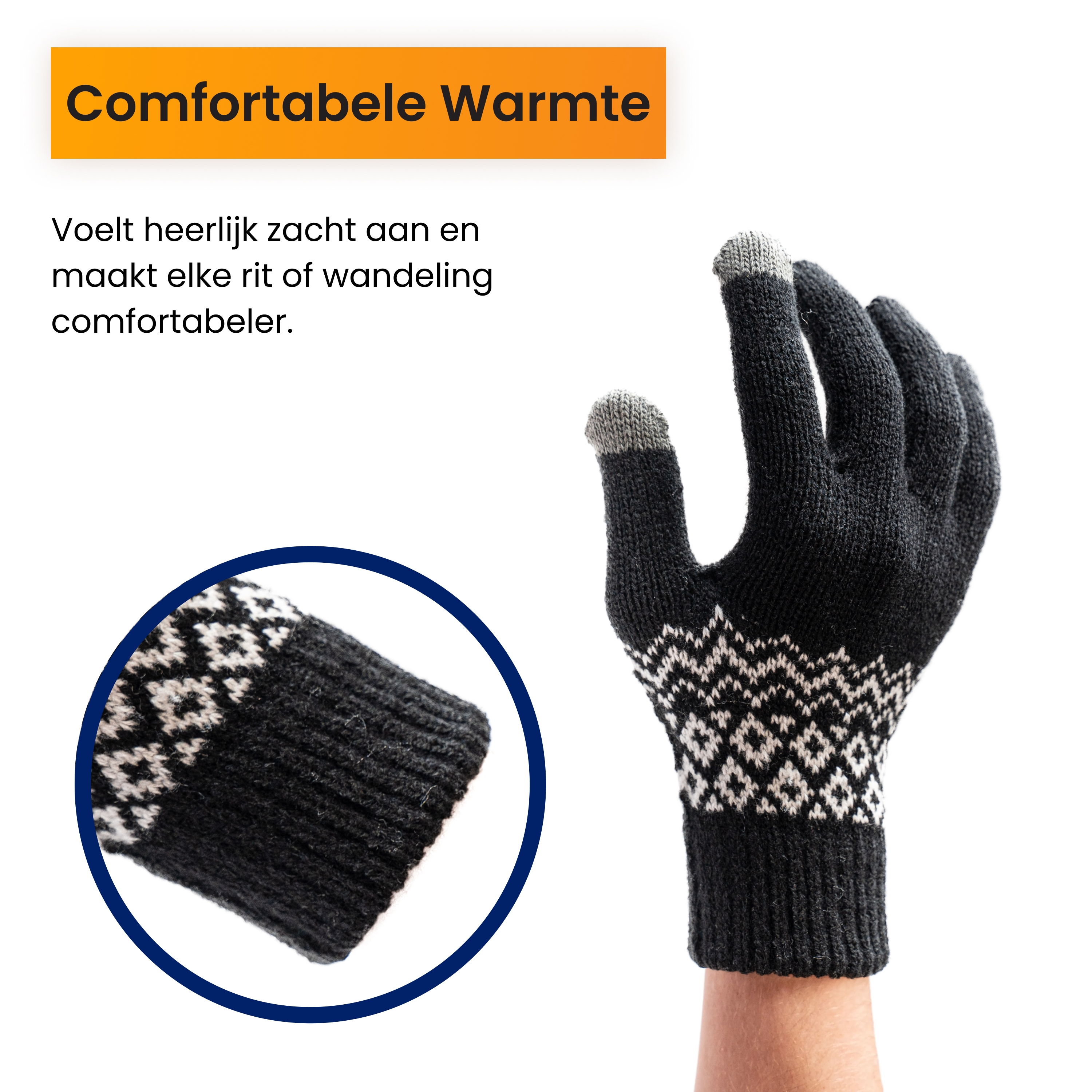 Black knit glove with gray pattern and touchscreen tips.