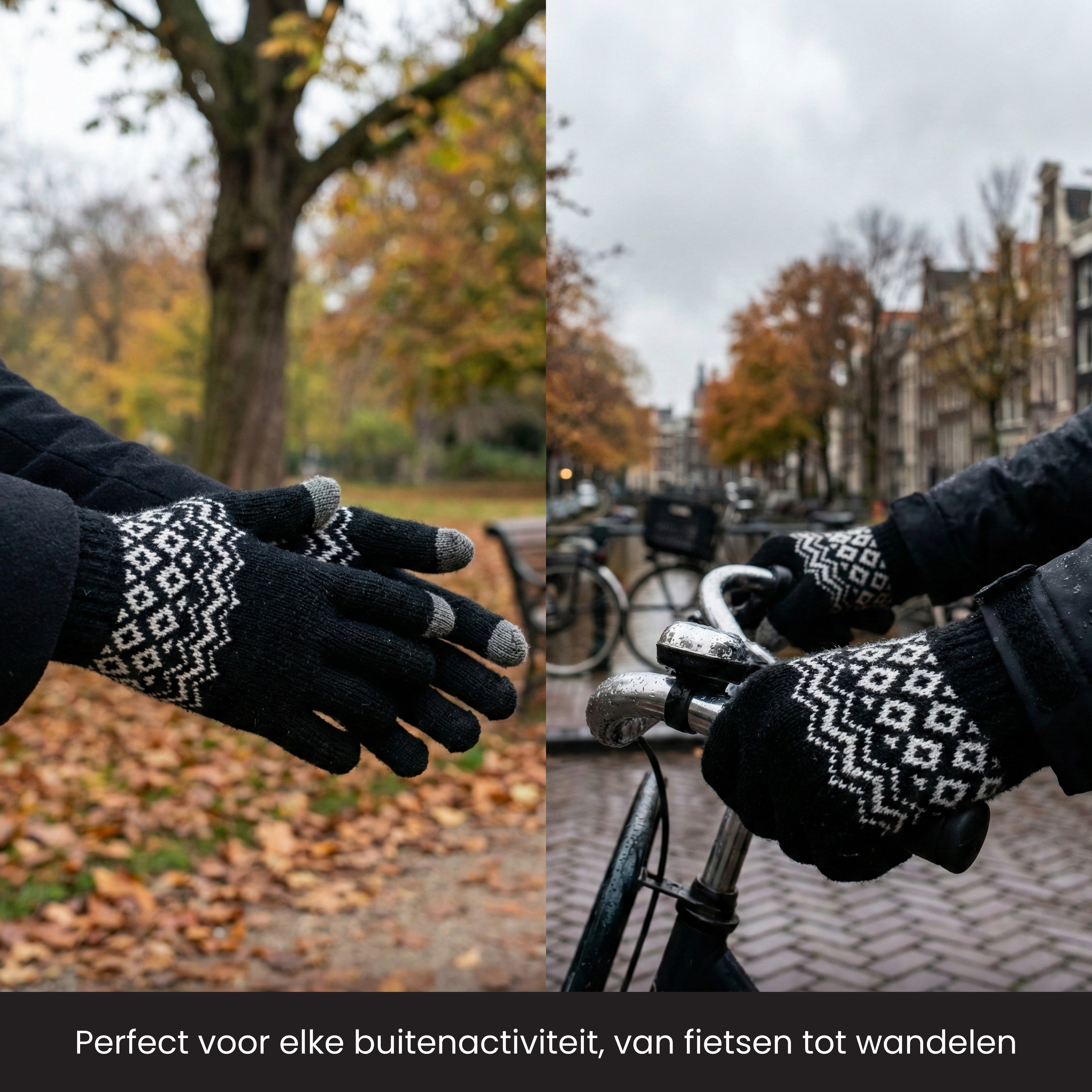 Black gloves with white pattern, one hand on handlebars, other on fallen leaves.