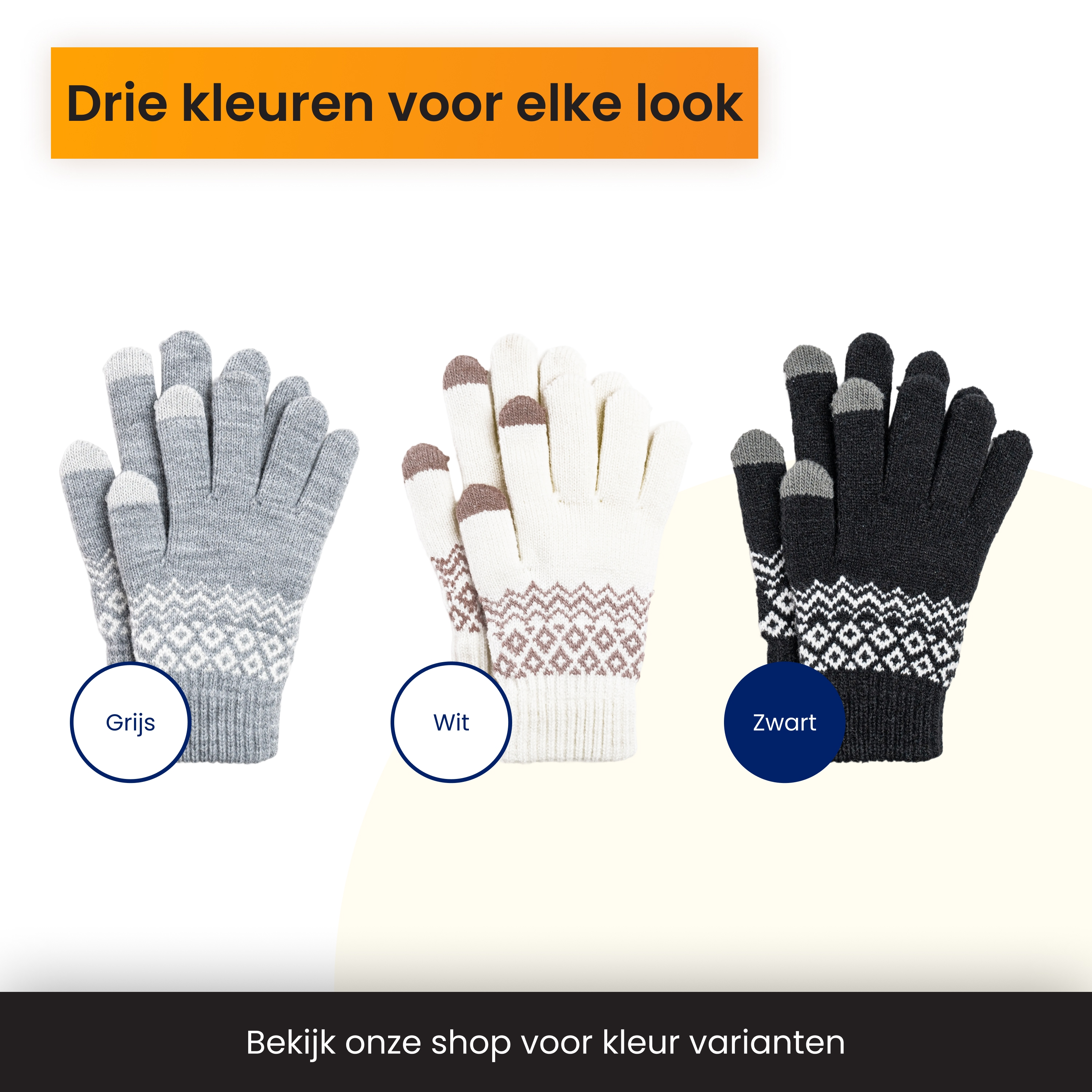 Three pairs of knitted gloves in gray, white, and black with patterns.