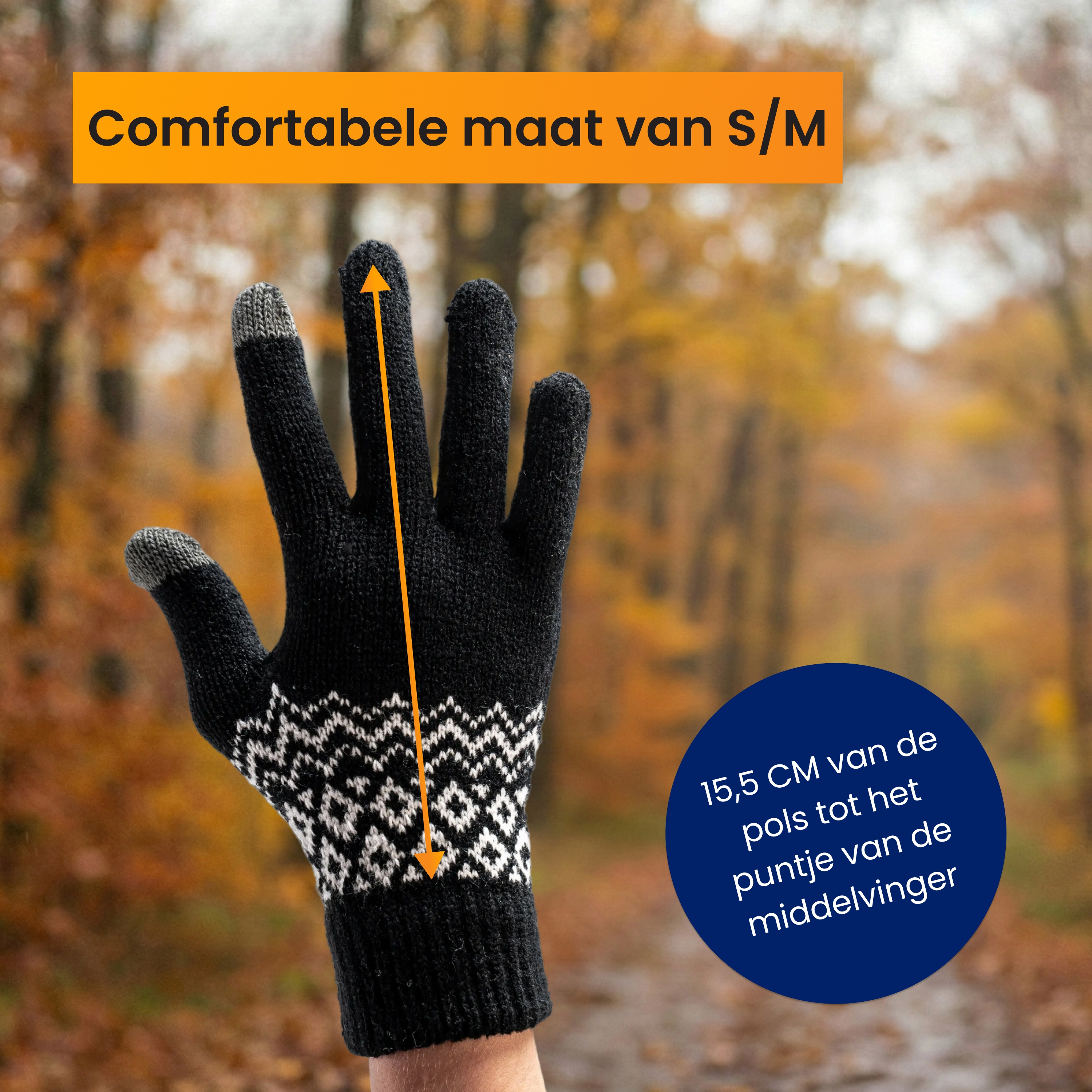 Black knit glove with pattern. Measures 15.5 cm from wrist to fingertip.