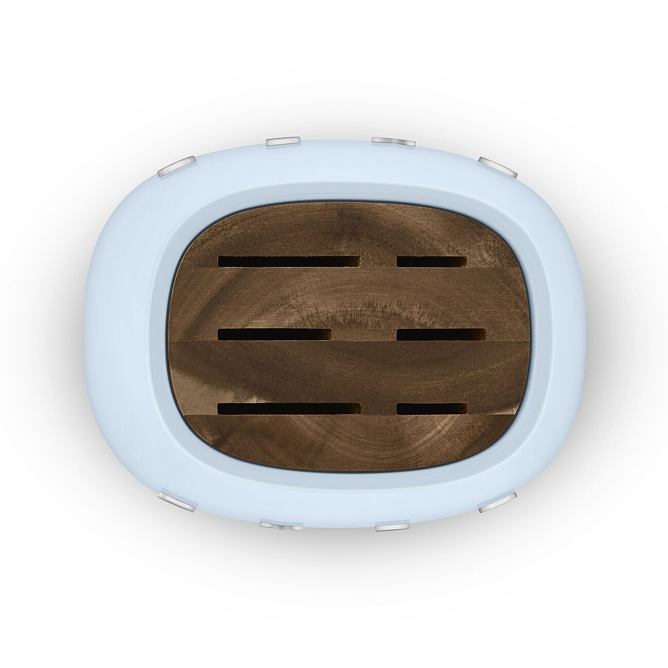 Un recipiente azul claro con veta de madera y ranuras para cuchillos.