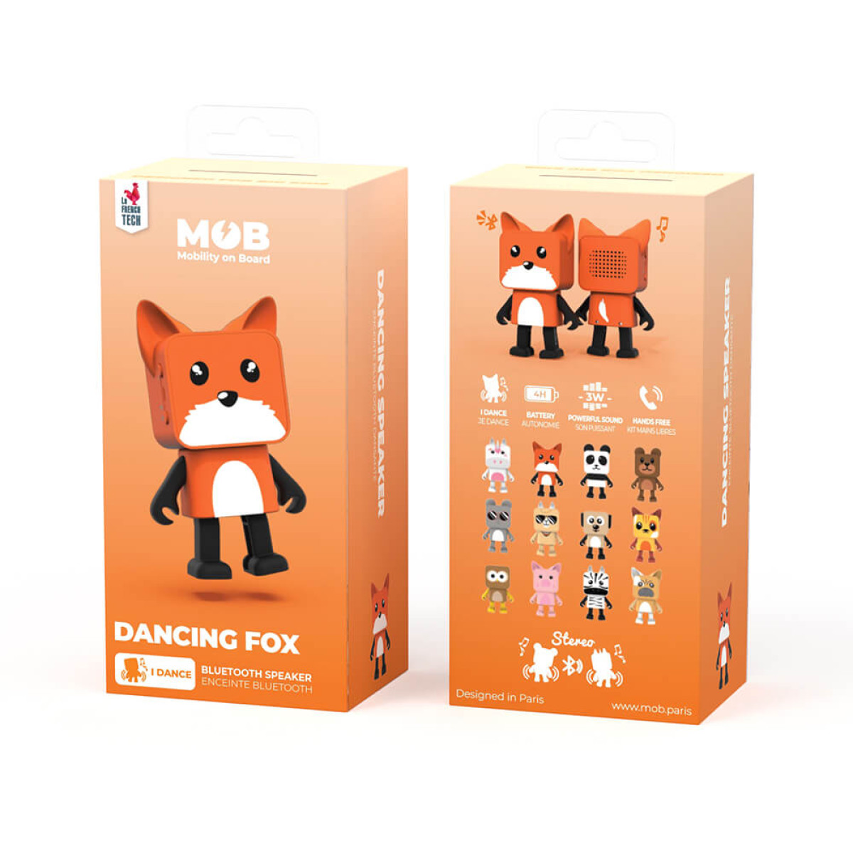 Opakowanie z tańczącym lisem głośnikiem i ikonami zwierząt.