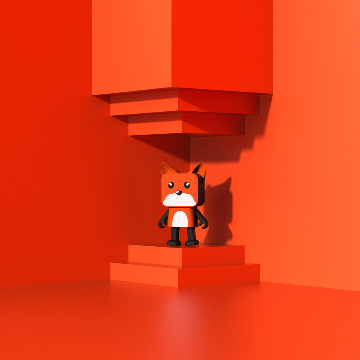 Stylizowany lis stoi na pomarańczowych schodach na tle pomarańczowej ściany.
