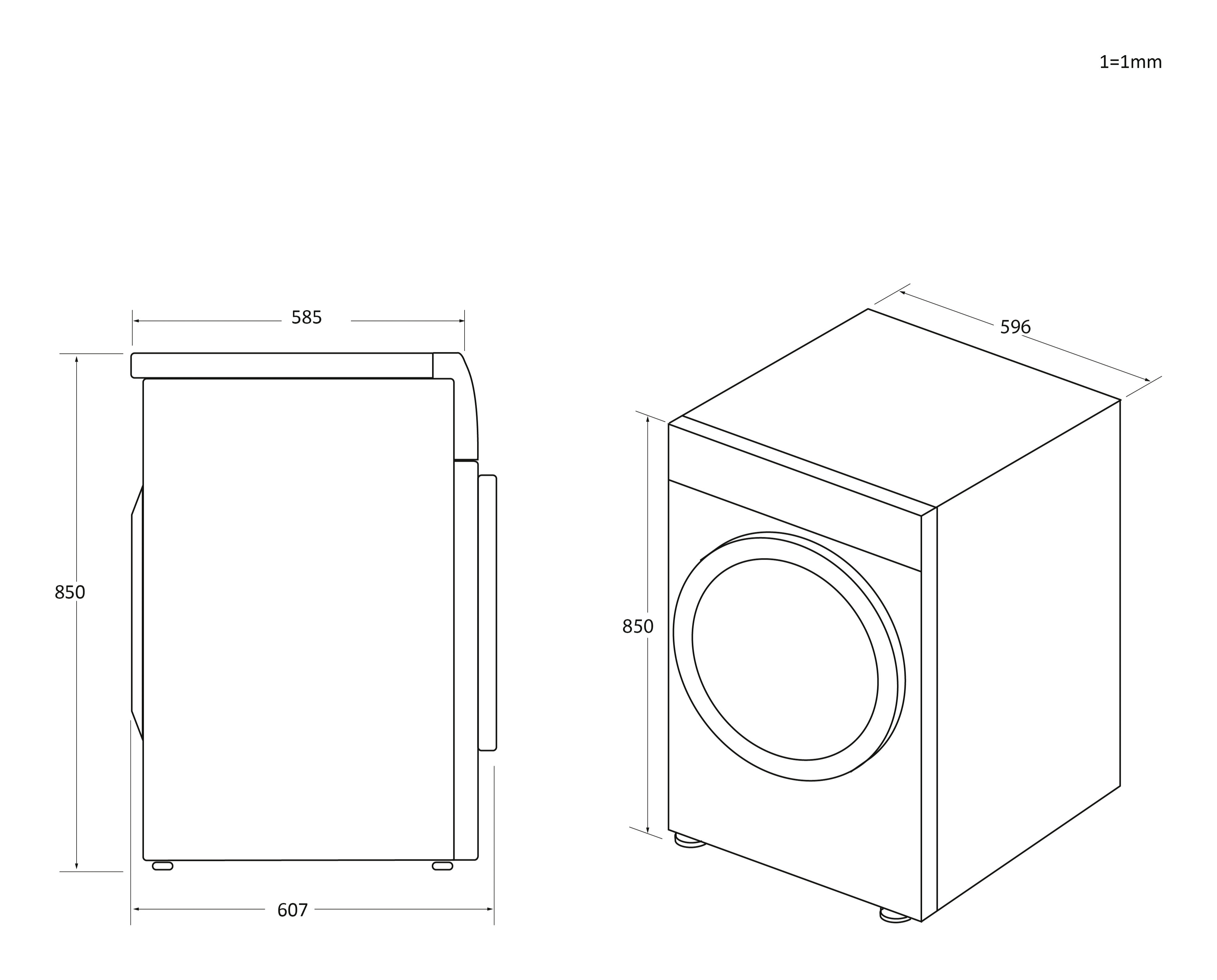 Disegno tecnico di una lavatrice con dimensioni: A 850mm, L 585mm, P 596mm.