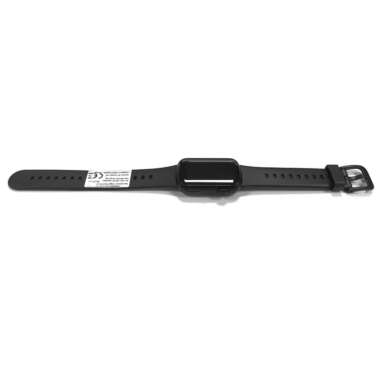 Czarny smartwatch z prostokątnym ekranem i zapięciem na klamrę na białym tle.