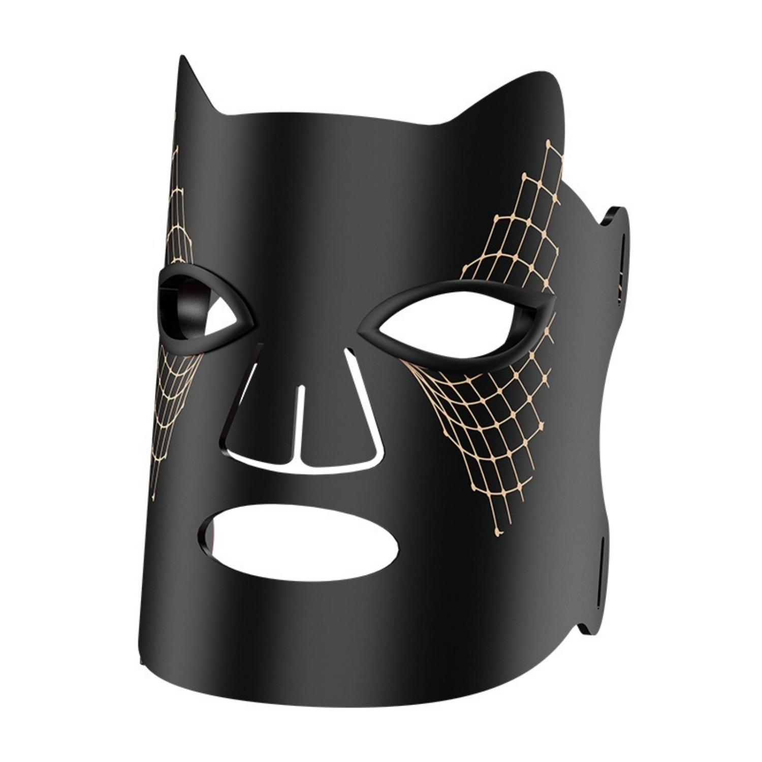 Eine schwarze Gesichtsmaske mit Netzmuster und Katzenohren.