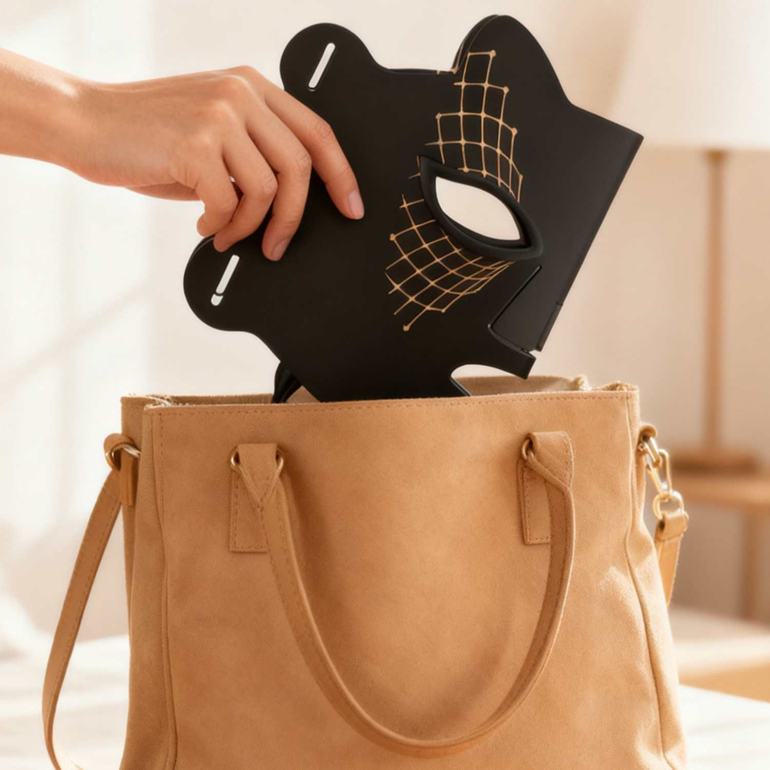 Eine Hand legt eine schwarze Maske mit goldenem Gitter in eine braune Tasche.