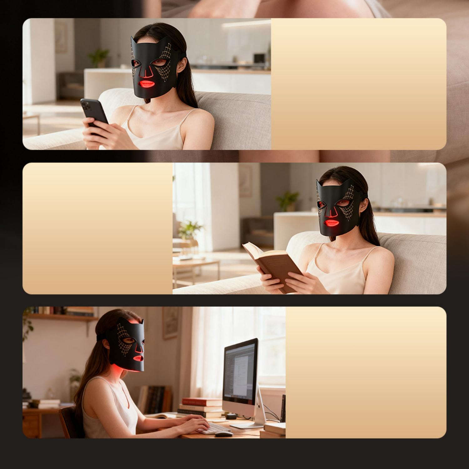 Frau mit schwarzer Maske, die auf Sofa sitzt und Handy benutzt.