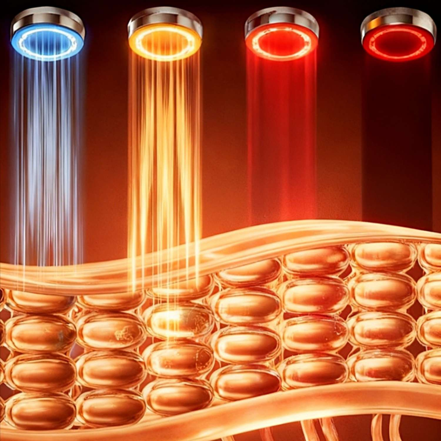 Vier Lichter (blau, orange, rot, rot) überlagern eine Hautschicht.