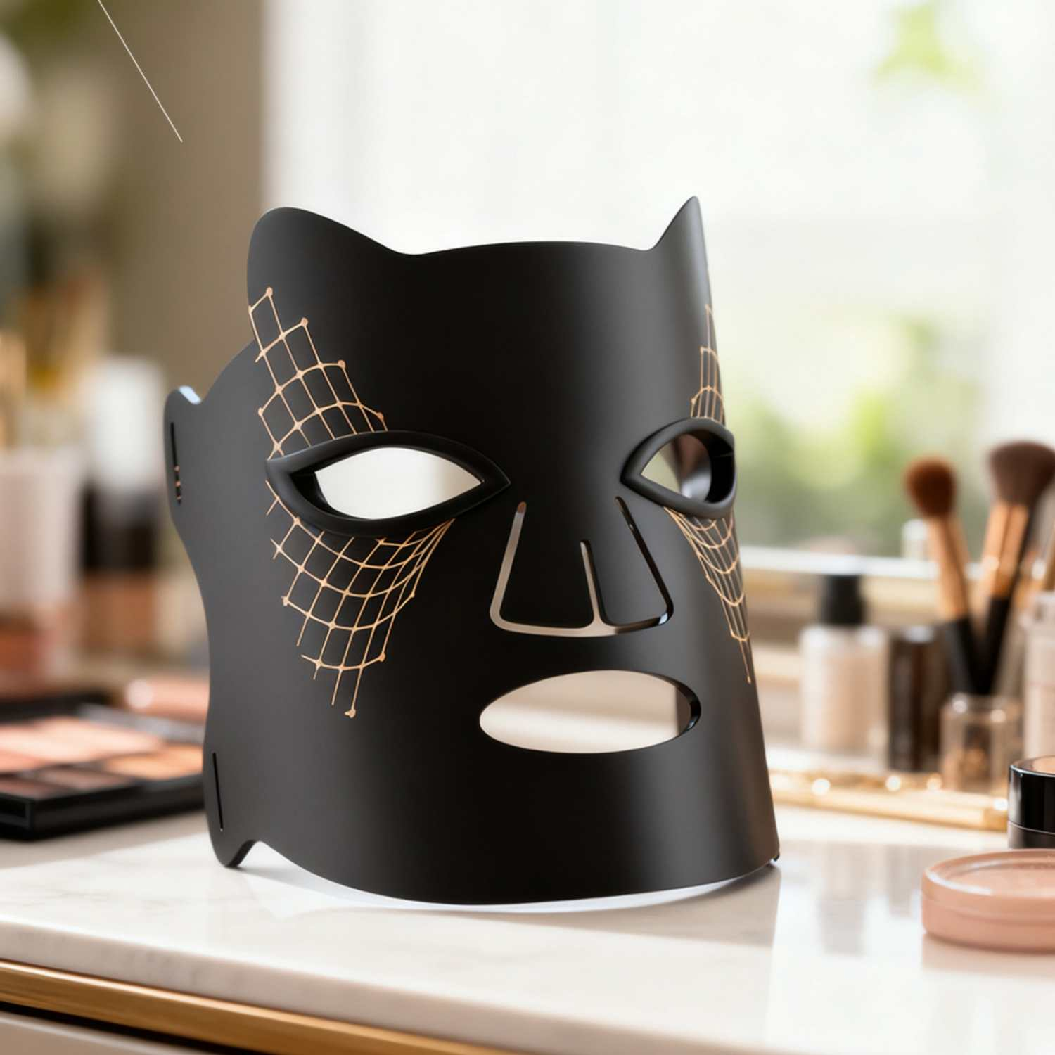 Schwarze Gesichtsmaske mit goldenem Gittermuster auf einem Tisch mit Kosmetik.