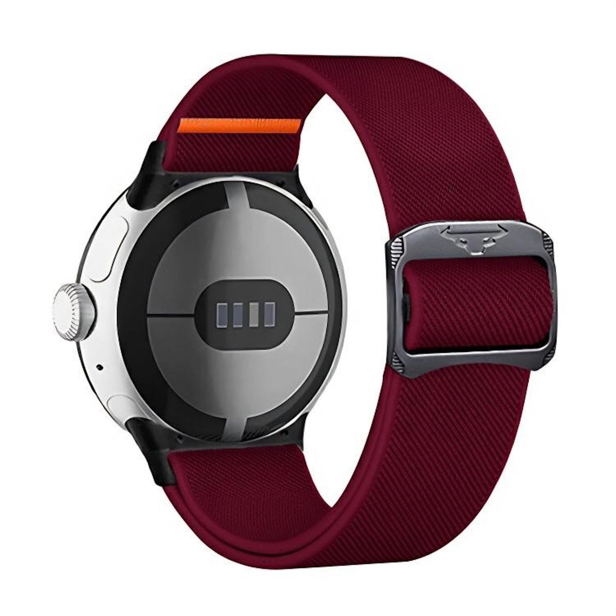 Cassa rotonda di smartwatch con pulsante argentato e cinturino rosso.