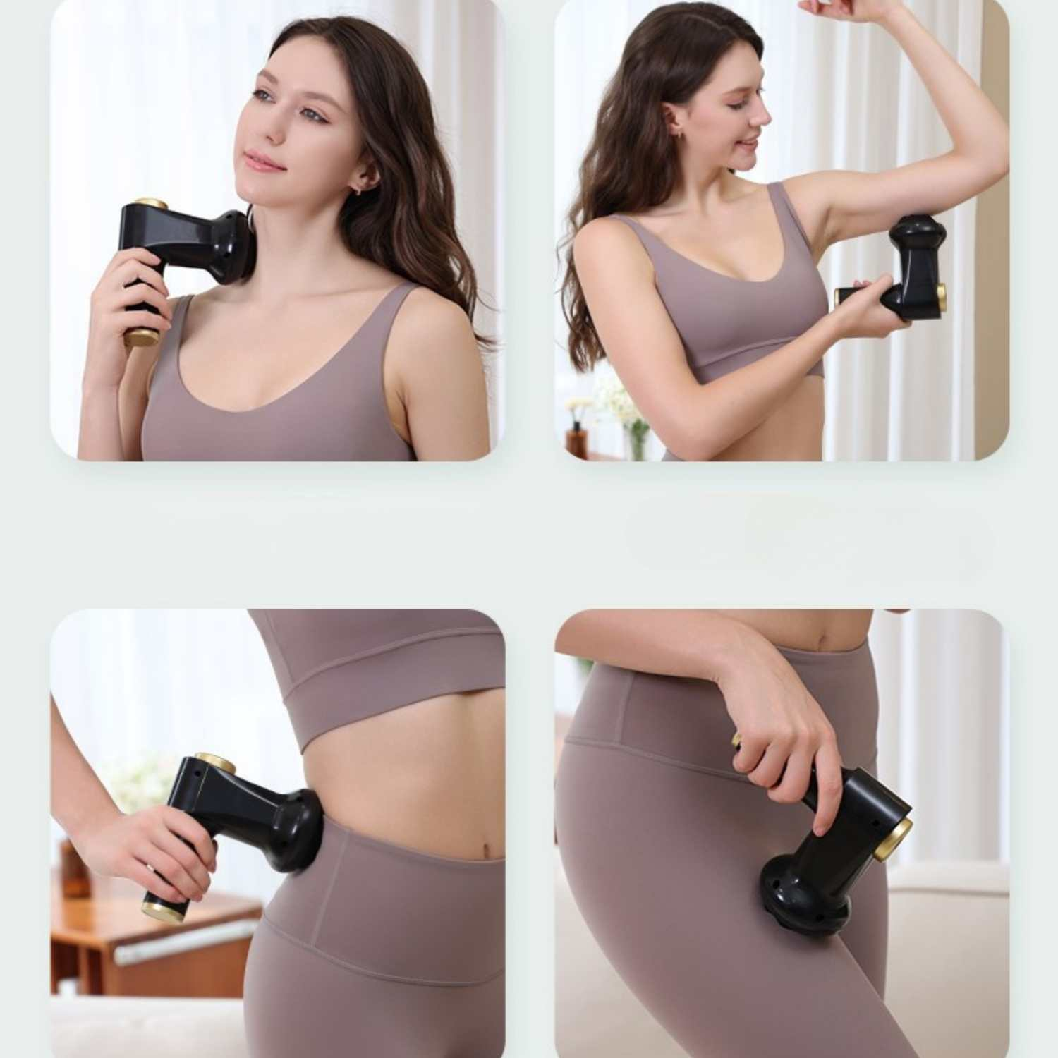 Frau benutzt Massagegerät am Nacken, Arm, Bauch und Oberschenkel.