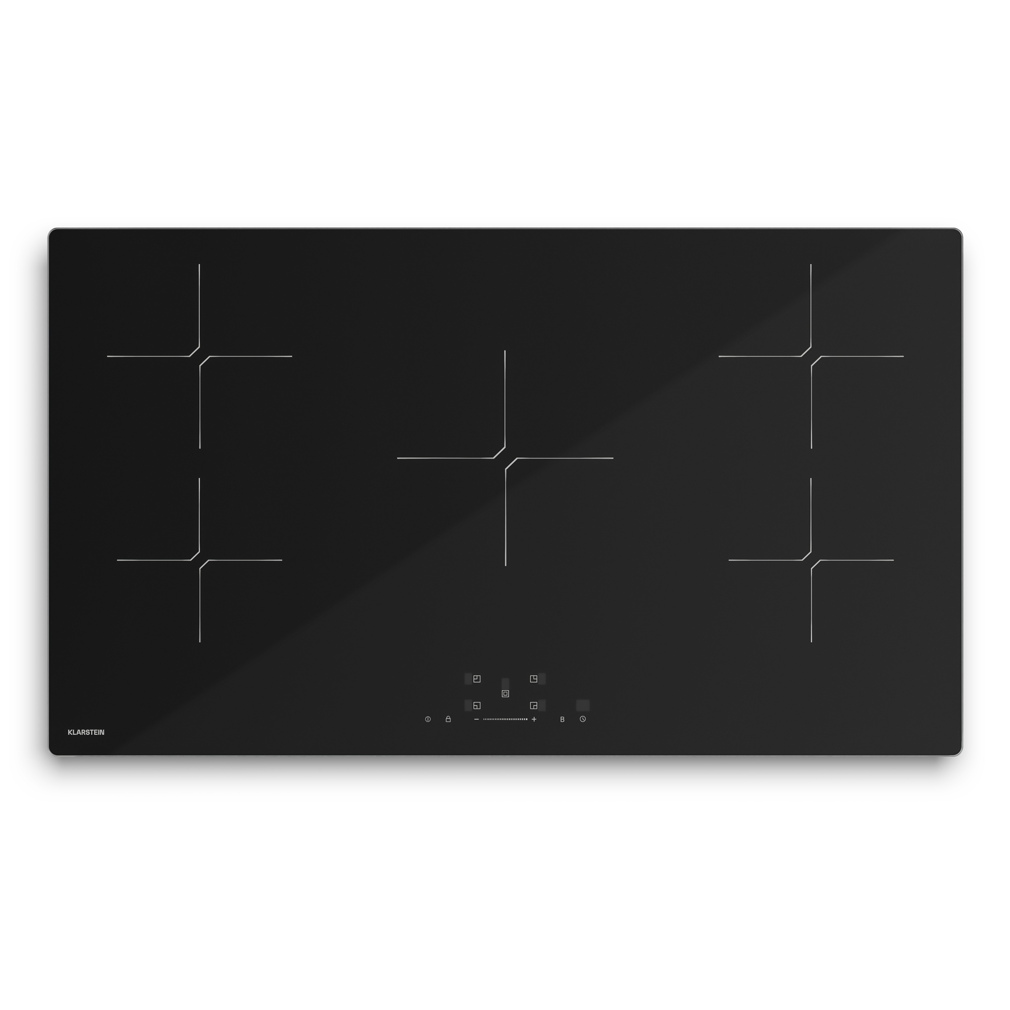 Schwarzes Ceranfeld mit fünf Kochzonen und Touch-Bedienfeld.