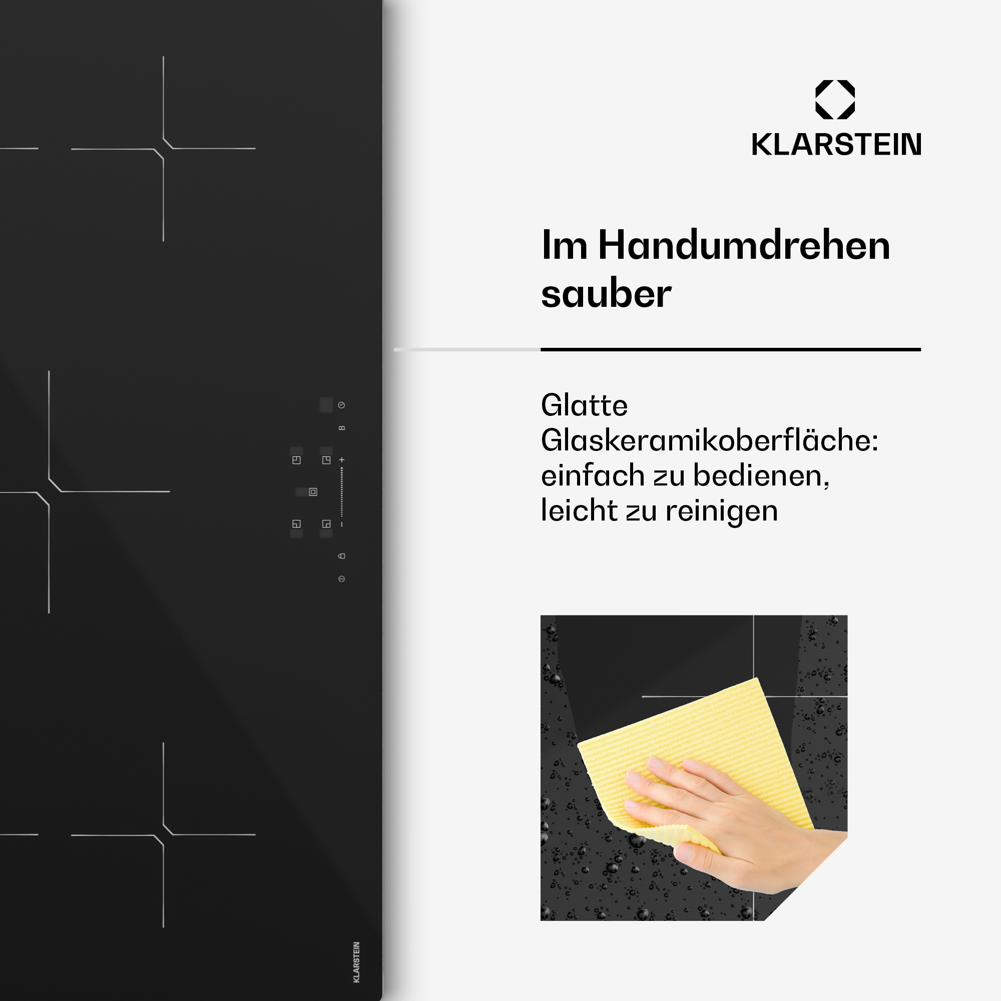Eine Hand reinigt eine Glaskeramikkochfeld mit einem gelben Tuch.
