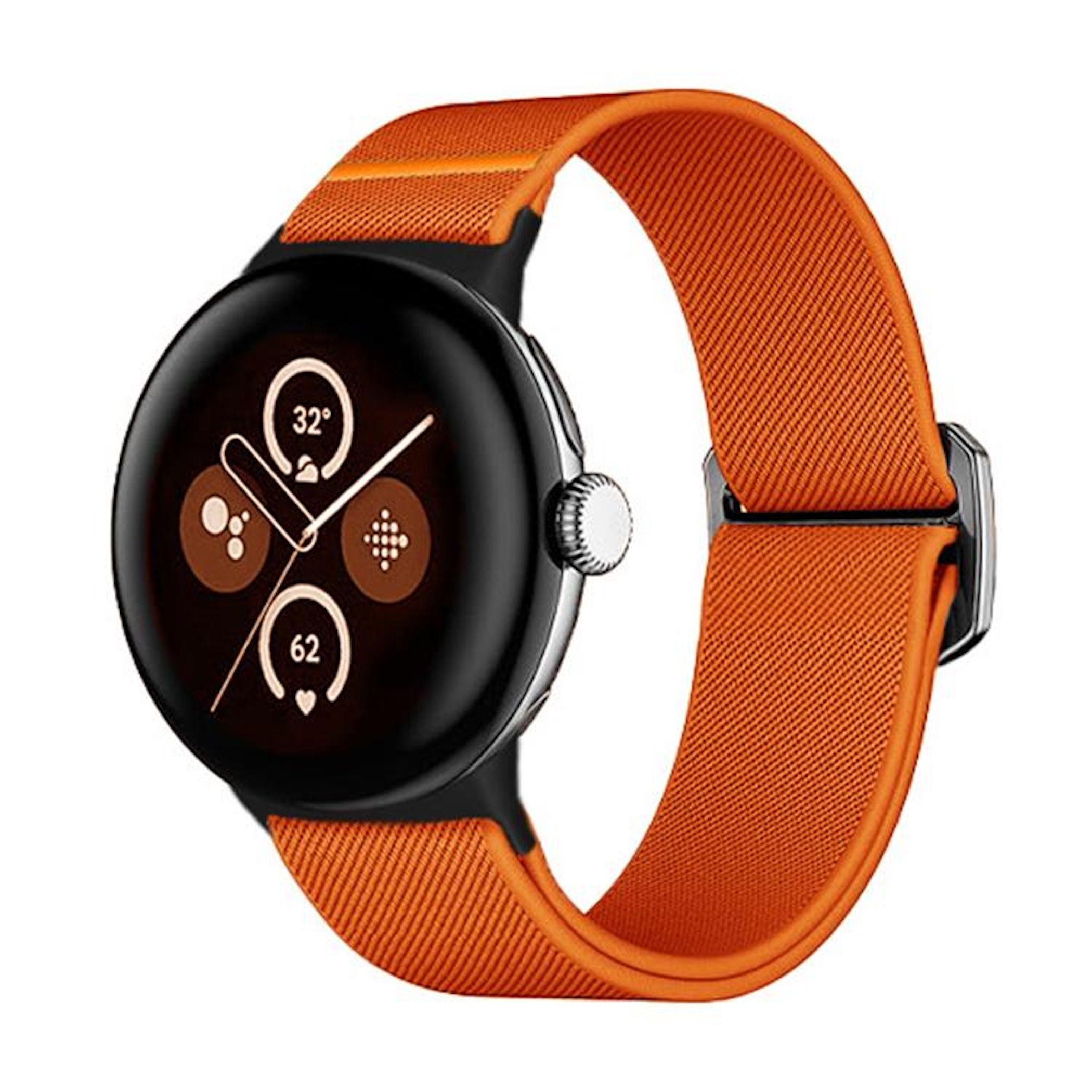 Eine orangefarbene Smartwatch mit schwarzem Gehäuse und Zifferblatt.