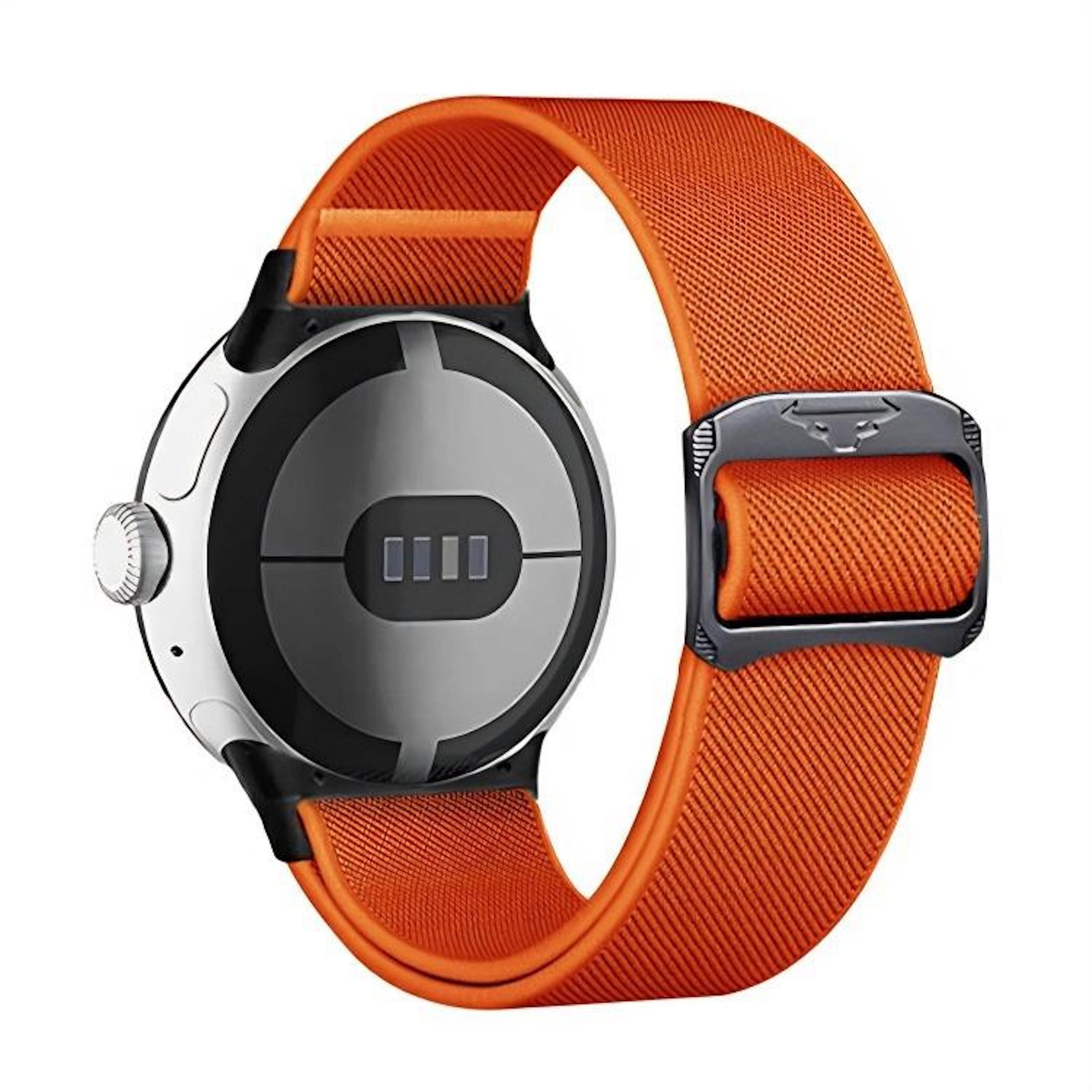 Eine Smartwatch mit silberner Lünette und orangefarbenem Stoffarmband.
