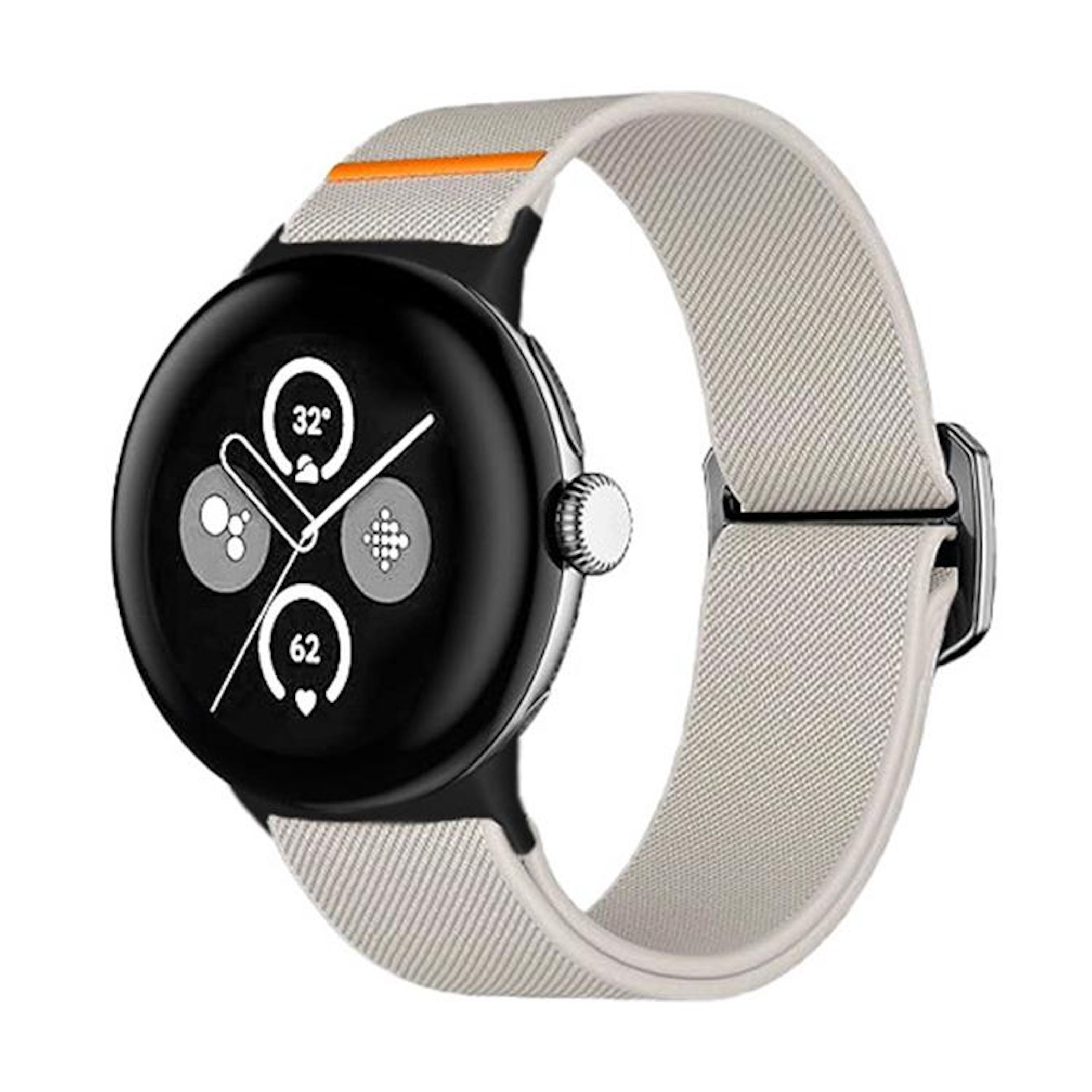 Graue Smartwatch mit Stoffarmband und orangefarbenem Akzent. Zeigt 32 Grad und 62 Schläge an.