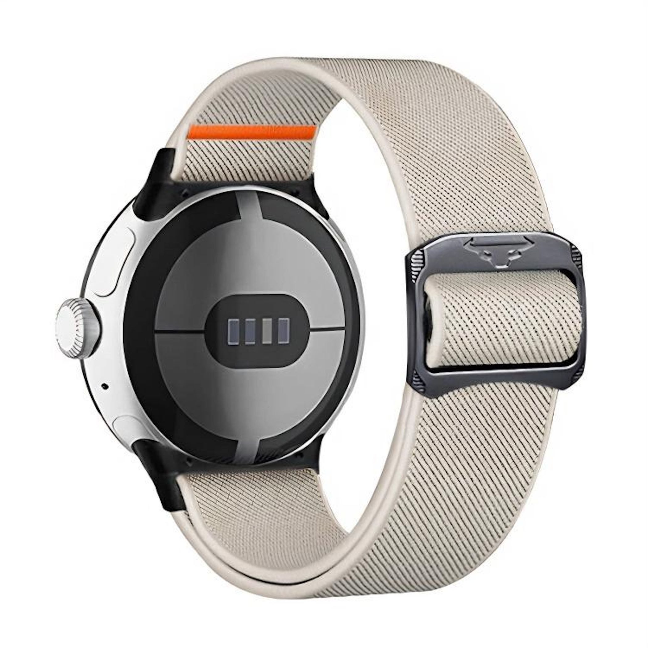 Silberne Smartwatch mit hellem Stoffarmband und orangefarbenem Akzent.