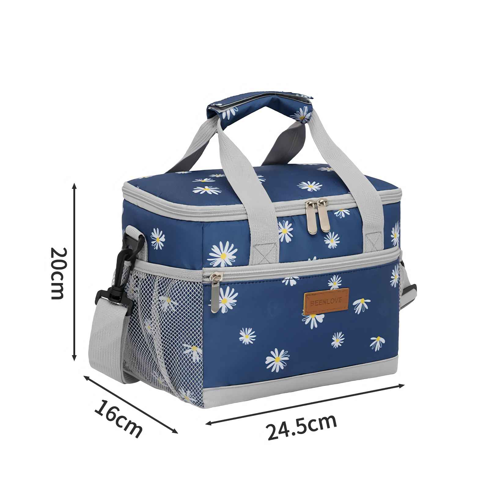 Blaue Kühltasche mit Gänseblümchen-Aufdruck, grauen Trägern und Netztasche seitlich.