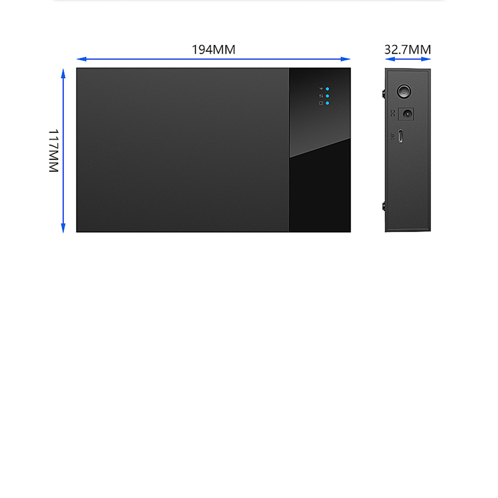 Schwarzes rechteckiges Gerät mit Ladeanschlüssen und LEDs an der Seite.