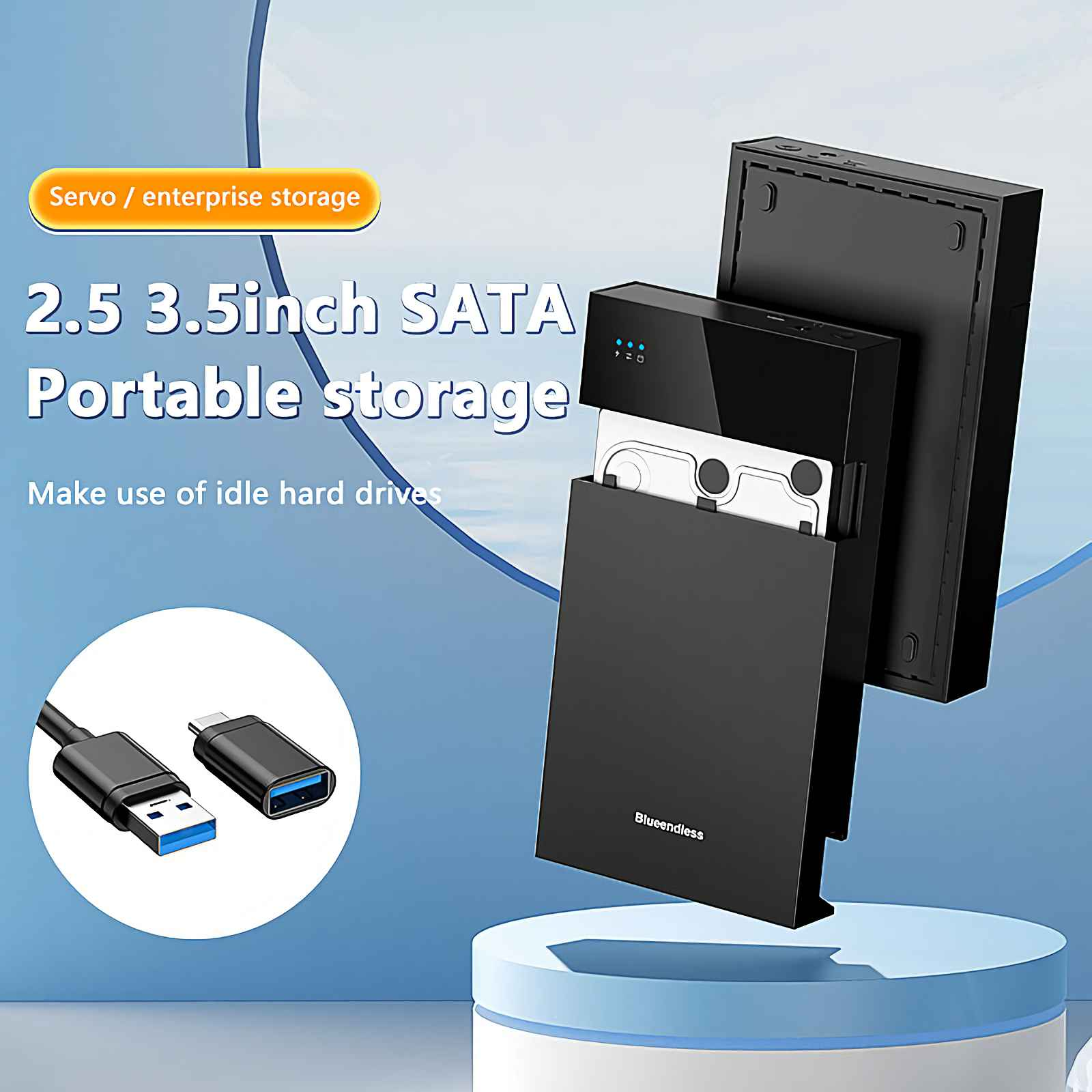 Ein externes Festplattengehäuse mit SATA-Anschluss und USB-Kabeln.