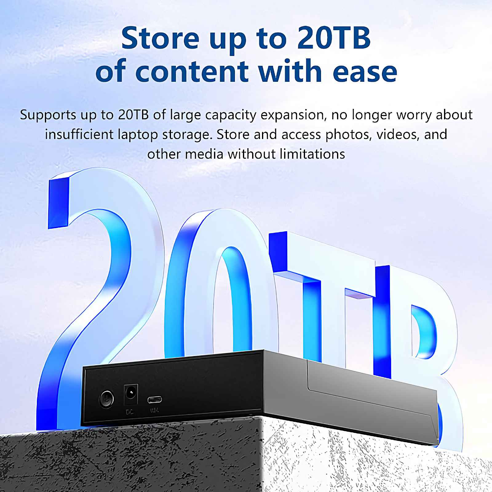 Ein externes Laufwerk mit 20TB Speicherkapazität, blau beleuchtet.
