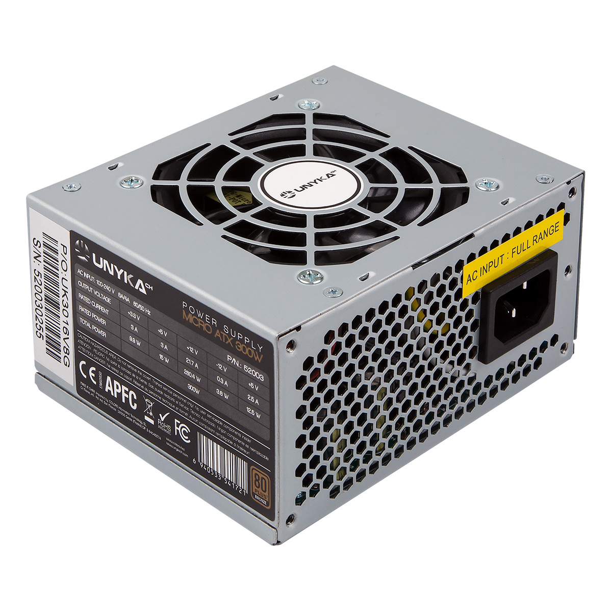Un alimentatore argentato per PC con ventola in alto e adesivo giallo 'AC INPUT'.