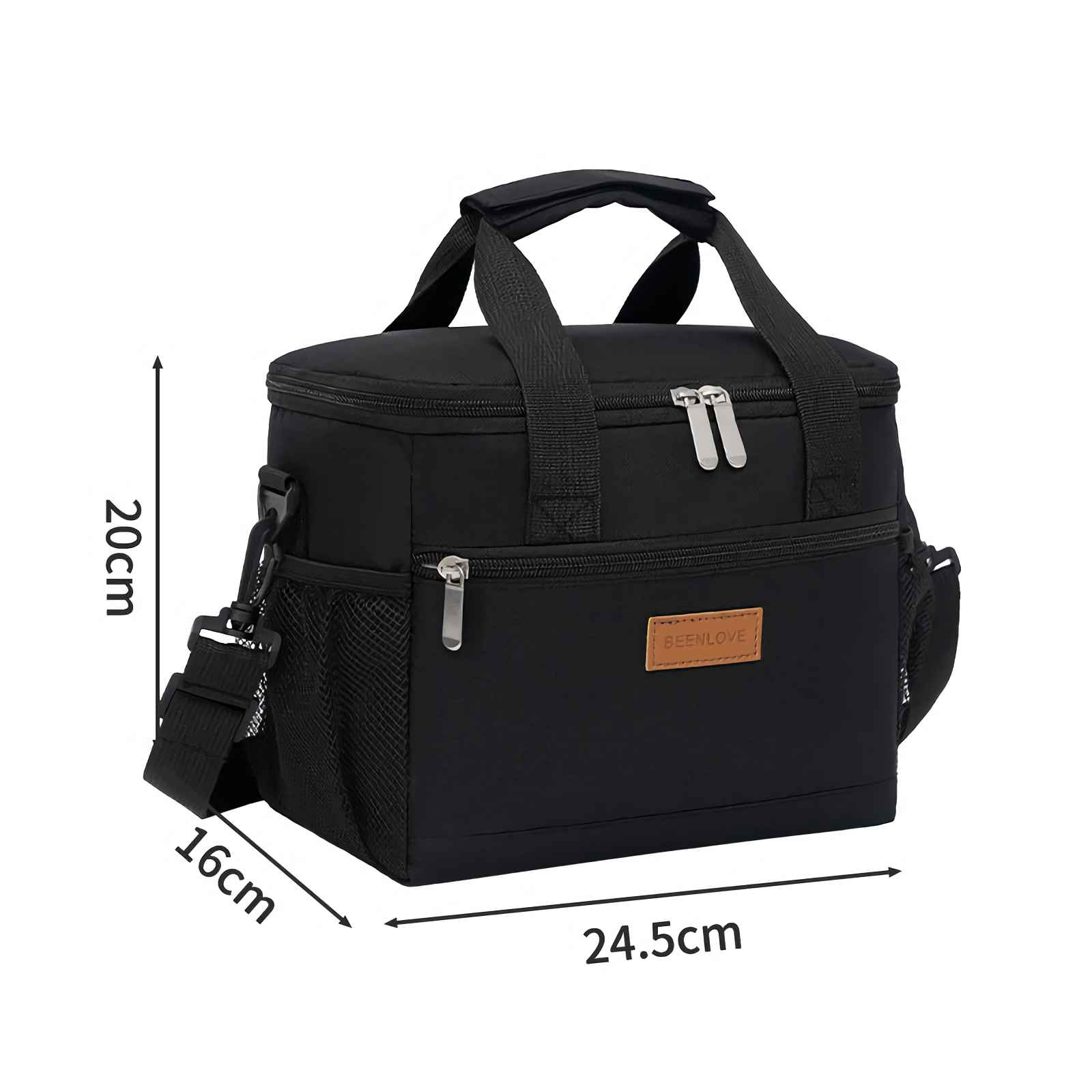 Schwarze Kühltasche mit Henkeln, Schultergurt und Netzseitentaschen.